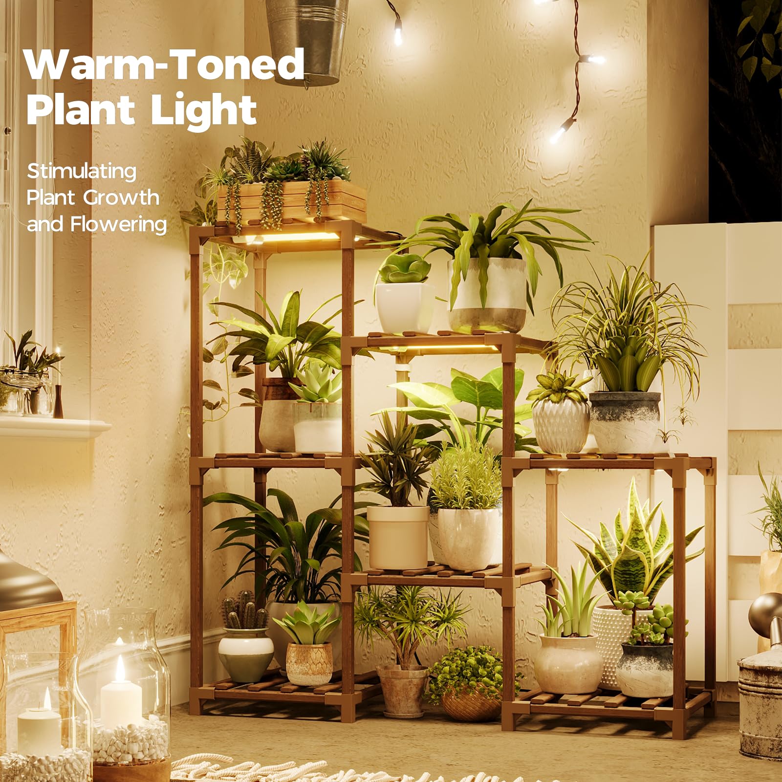 Bamworld Soporte para Plantas de Interior, Estante de Madera para Exterior para Múltiples Plantas, Soporte Escalera de 3 Niveles, 7 Escaleras, Patio (A-Escalera con Luz)