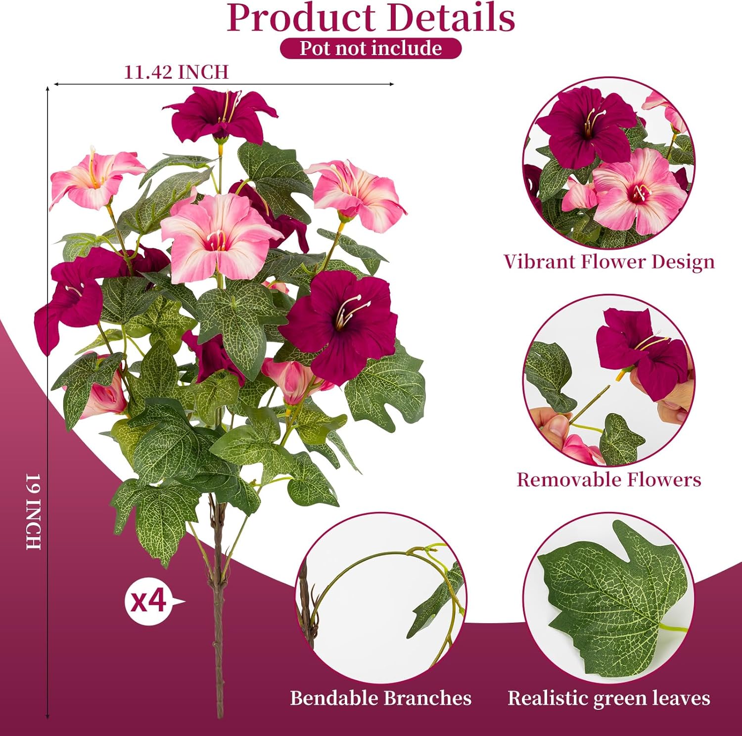 19 Inch Artificial Flowers for Outdoor Indoor Garden Home Decoration,Faux Flower for Home Office Garden Patio Balcony 4 Bundles (Rose red Pink) - Image 2