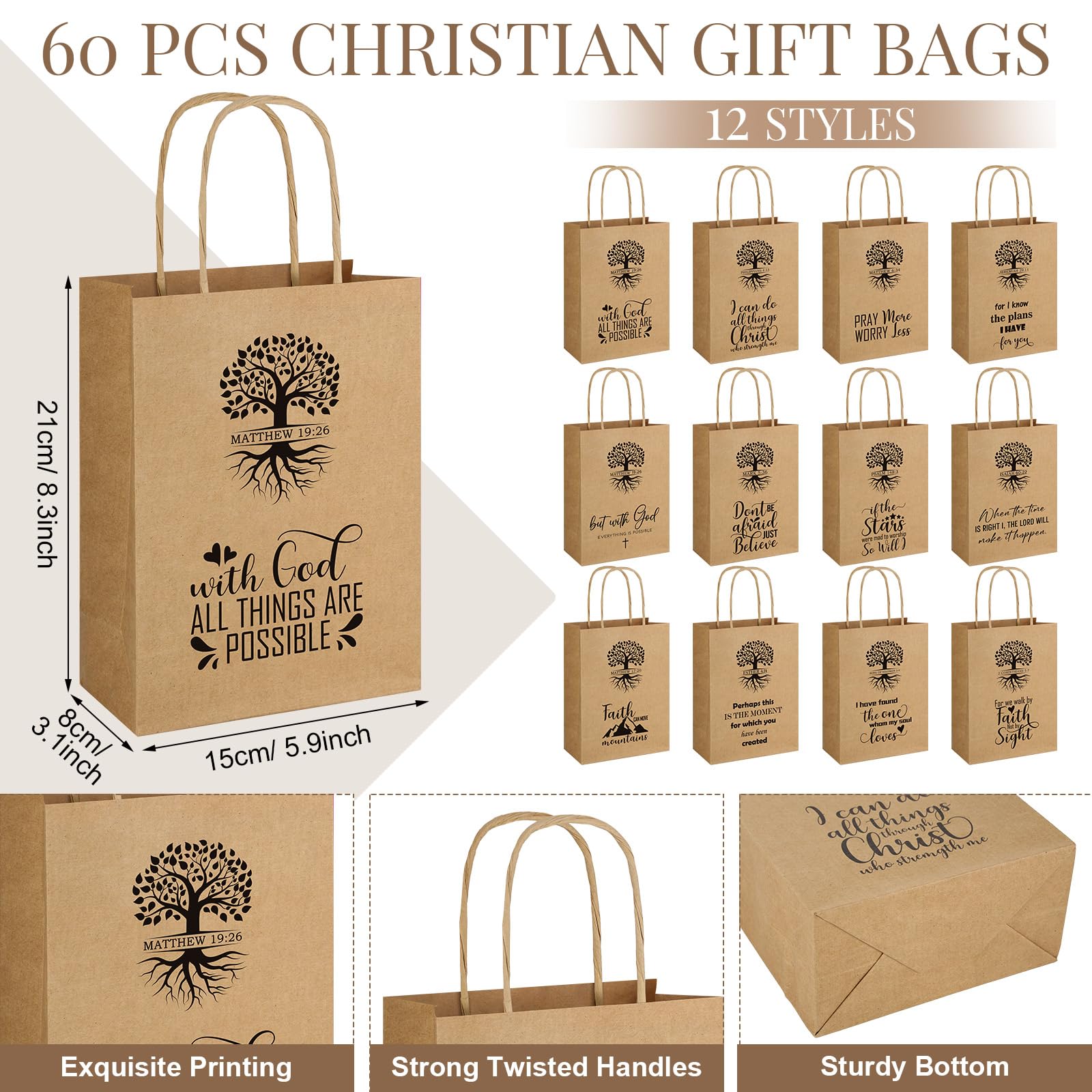 60 PCS Christian Gift Bags Bulk Religious Brown Kraft Paper Bags with Handles Bible Verse Inspirational Designs for Church Welcome Gifts Pastor Family Baptism Reunion