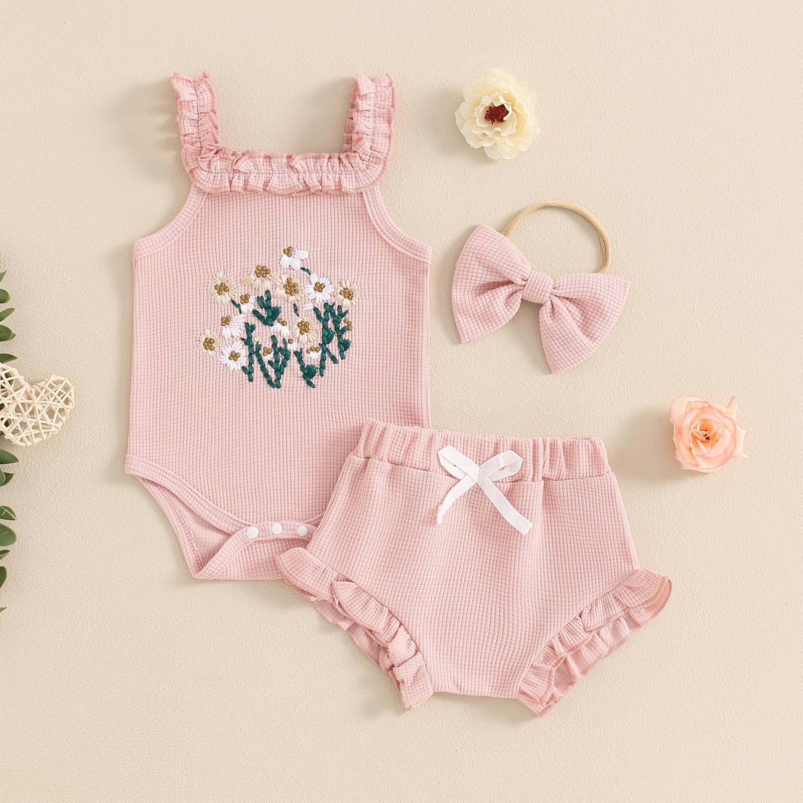Gaono Newborn Baby Girl Summer Outfit Waffle Knit Sleeveless Cami Romper Ruffle Bloomer Shorts With Headband Boho Clothes (A-Pink, 3-6 Months)