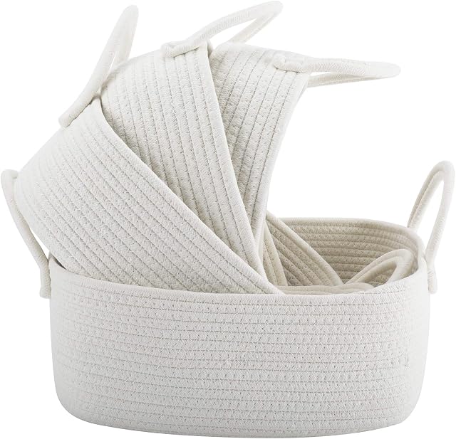 Storage Baskets Set of 4 - Woven Basket Cotton Rope Bin, Small White Basket Organizer for Baby Nursery Laundry Kid's Toy