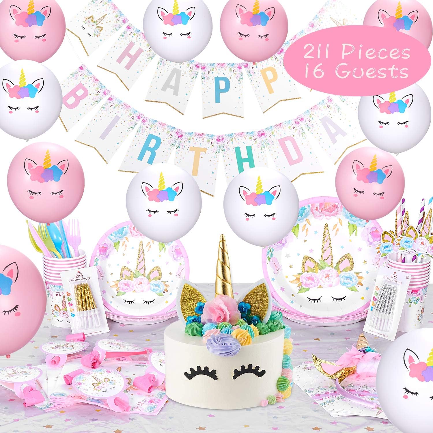 Keemanman Unicorn Party Supplies Kit, 211 PCS Ultimate Unicorn Birthday Party Decorations Set with Gift Box Packing, including Cake Topper, Headband, Swirl Candles, Balloons and More, Favors Serves 16