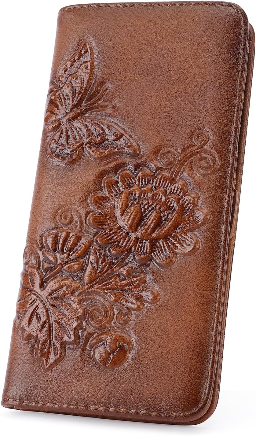 Wallet Women Ultra Slim Thin Rfid 3D Embossed Vegan Leather Womens Wallet Clutch Long Ladies Wallet (02-Red-Brown)