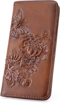 Wallet Women Ultra Slim Thin Rfid 3D Embossed Vegan Leather Womens Wallet Clutch Long Ladies Wallet 02-Red-Brown