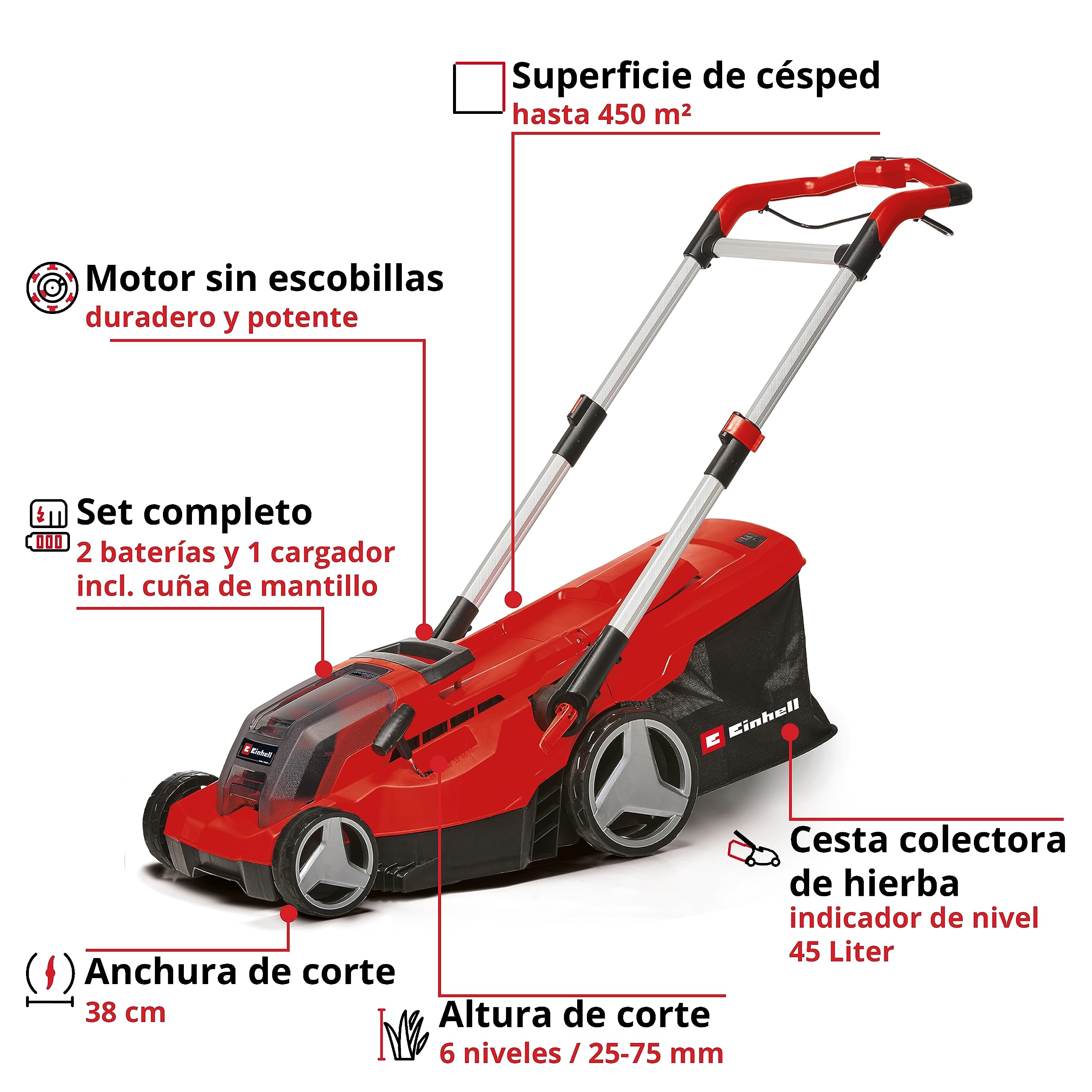 Einhell Set de cortacésped con batería GP-CM 36/450 Power X-Change (36 V, 38 cm de corte, 450 m², sin escobillas, mullido, bolsa colectora de 45 l, dos baterías de 4,0 Ah + cargador Twincharger)