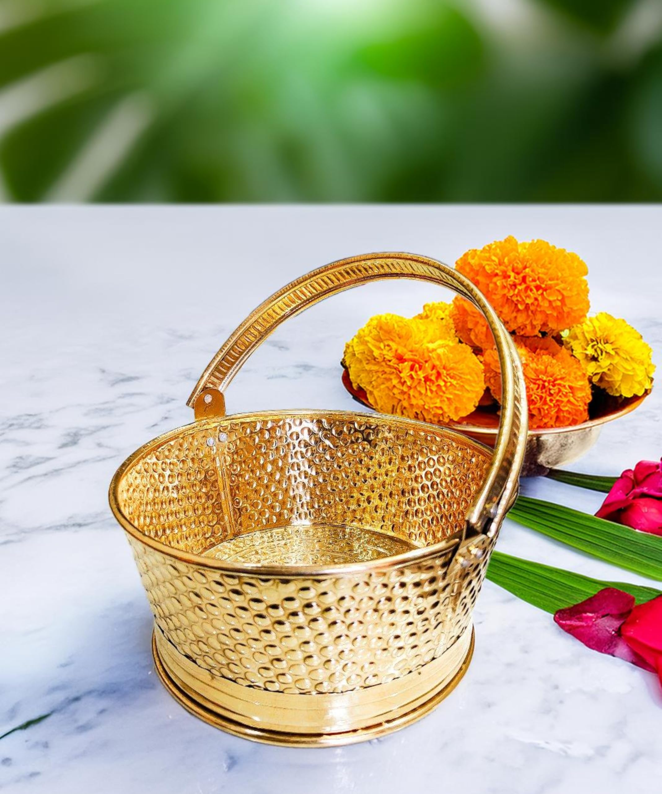 ‎Sanskriti Decor Brass Golden Color Flower Basket | Pooja Basket with Handle | Dolchi Basket for Puja Brass Traditional Round Shape Pooja Basket/Pooja Dalia-image-28