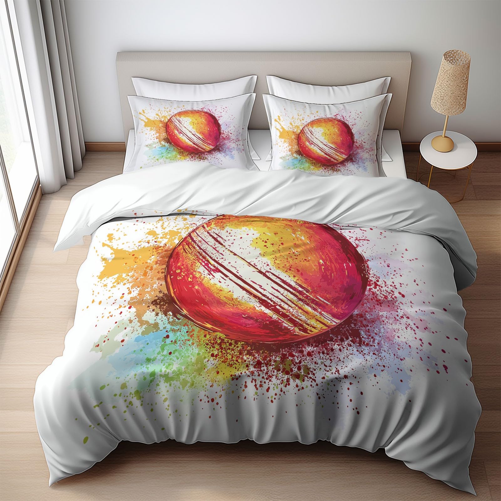 200 x 200 cm, komplet pościeli z miękkiej mikrofibry do krykieta, w stylu akwarelowym, 1 poszwa na kołdrę + 2 poszewki na poduszkę 80 x 80 cm, nadruk 3D, dla chłopców i dziewczynek, biały