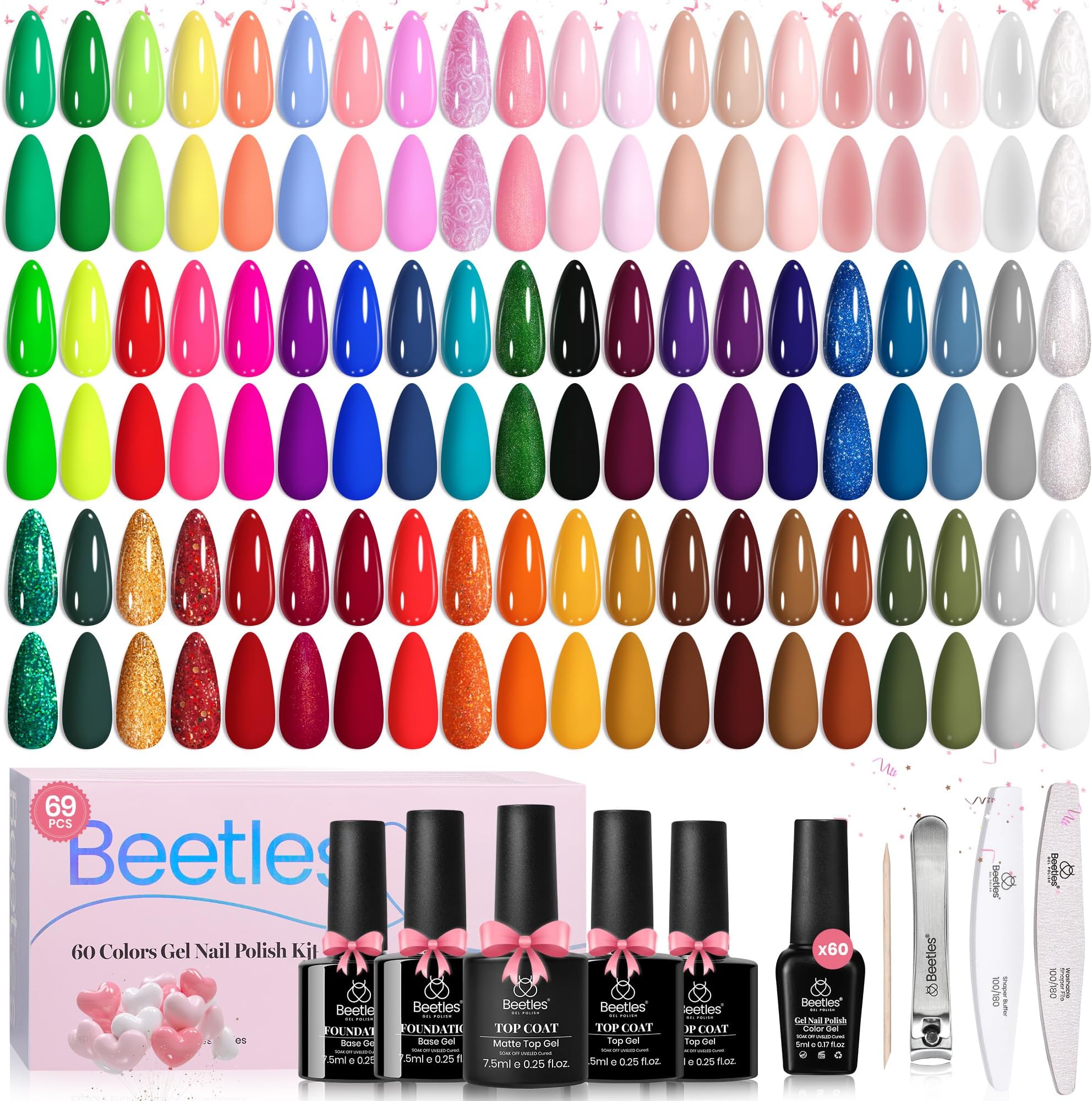 Beetles 60pcs Neon Glitter Gel Nail Polish Set Nude Pink White Red Blue Green Brown Summer Colour Base Coat Matte Gloss Finish Gift for Her