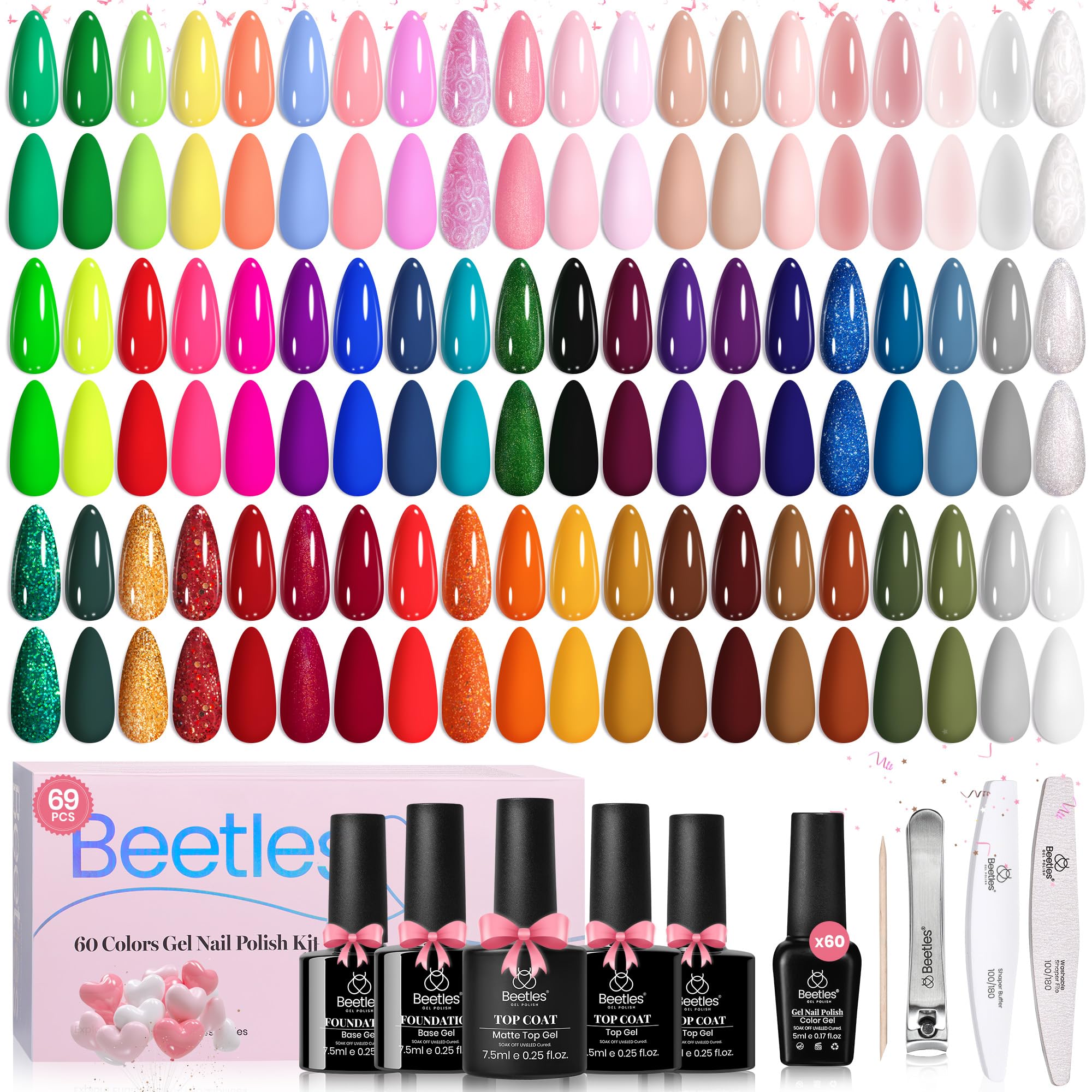 Beetles Gel Nail Polish Set 60 Colors Fall Uv Gel Polish Kit Jelly Brown Glitter Nude Pink White Red Blue Green Color Nail Polish Base &Glossy Matte Top Coat Gift for Her Women