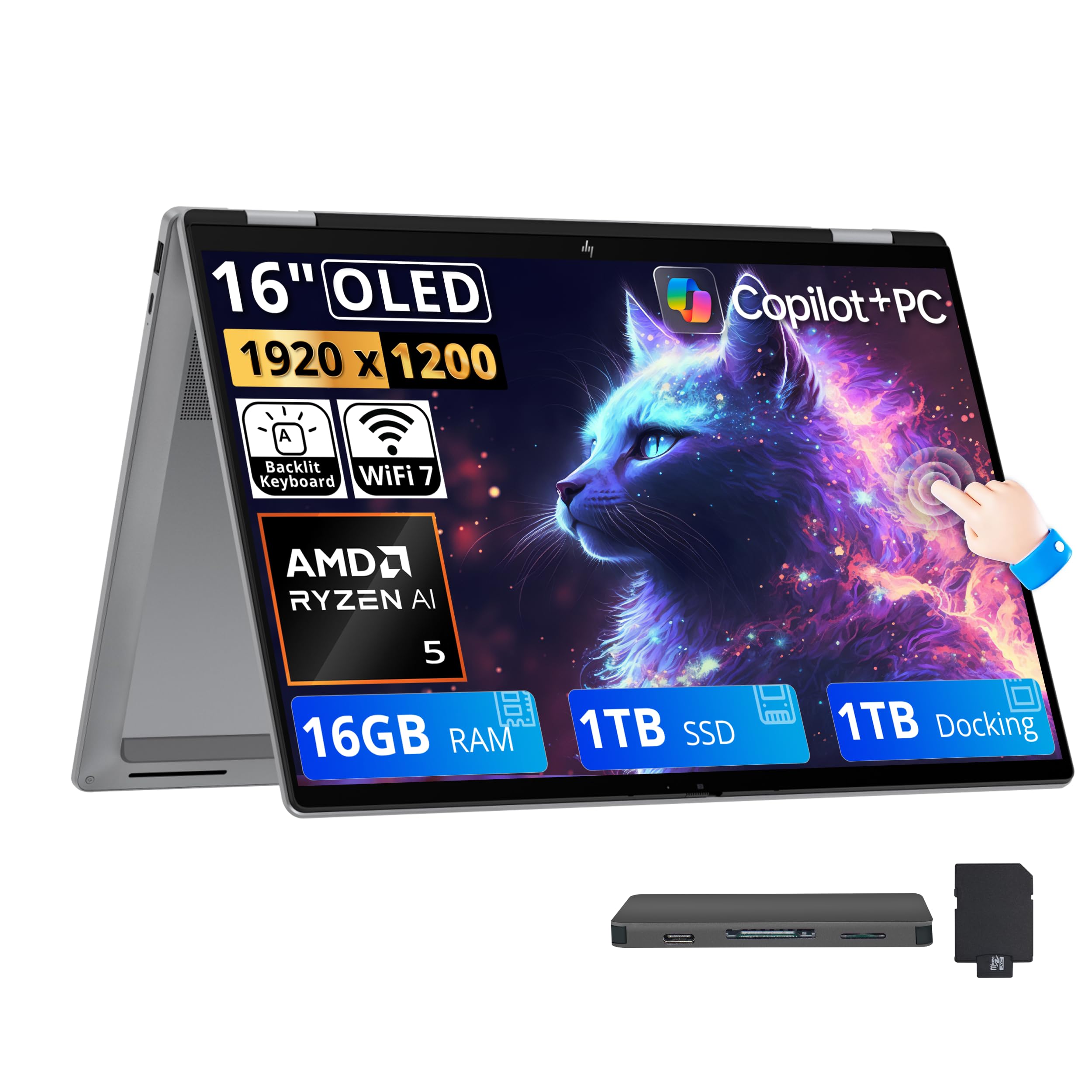 OmniBook X Flip 2-in-1 16" FHD+ OLED Touch Laptop, AMD Ryzen AI 5 430, 16GB RAM, 2TB Stor…