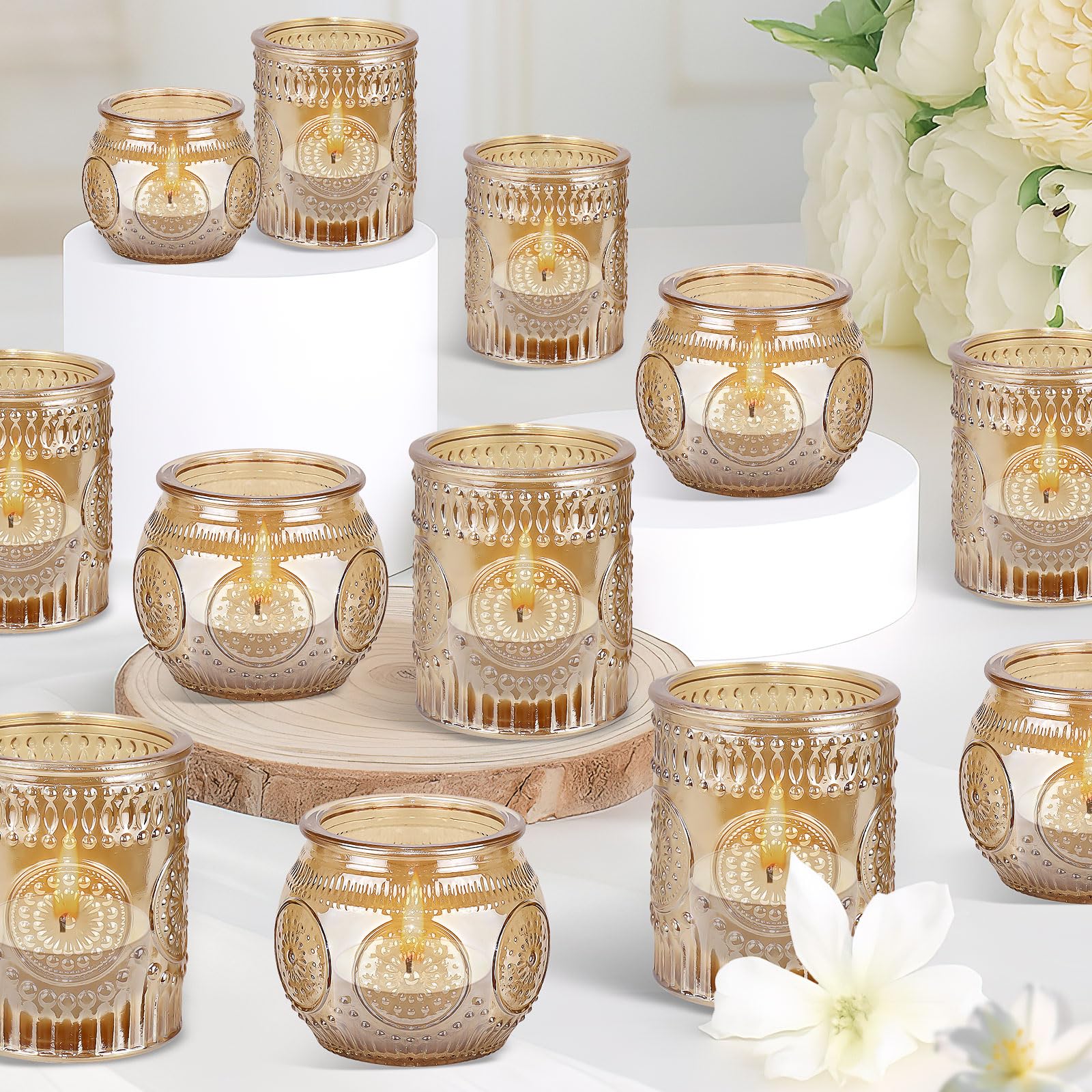 36er Teelichthalter Glas Gold, Vintage Kerzengläser für Hochzeit & Deko | Vintage Windlichter mit geprägtem Muster sorgen für warmes Licht bei Jubiläen, Geburtstagen, Feiern und festlichen Anlässen