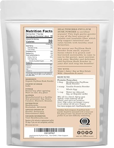 Vista 2 de Healthworks Polvo de cáscara de psyllium orgánico, 16 onzas / 1 libra, crudo, certificado orgánico, polvo finamente molido de la India, Keto, vegano