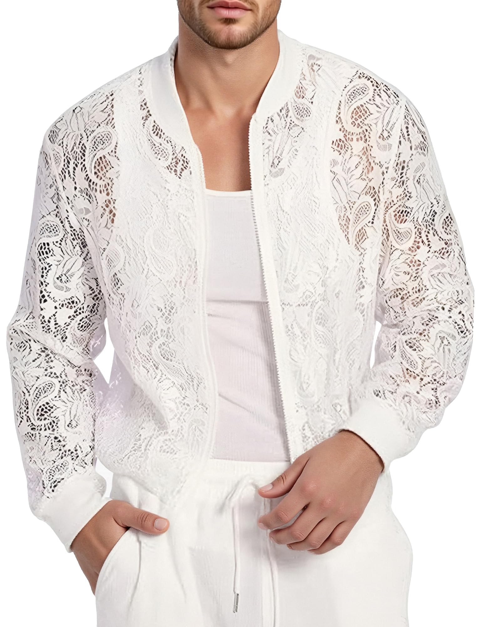 AIEOE Homme Sexy Haut en Dentelle Muscle Shirt Transparent Veste Décontractée pour Boîte de Nuit S-XXL