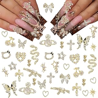 40Pcs Gold Nail Charms Nail Art Rhinestone Gems 3D Sparkling Nails Jewelry for Acrylic Nail Tips Accessories for Women D