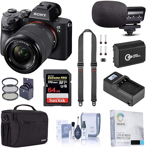 Sony Alpha a7 III - Cámara digital sin espejo con lente FE de 1.102-2.756 in, paquete con bolsa de hombro, tarjeta SD de 64 GB, batería extra,