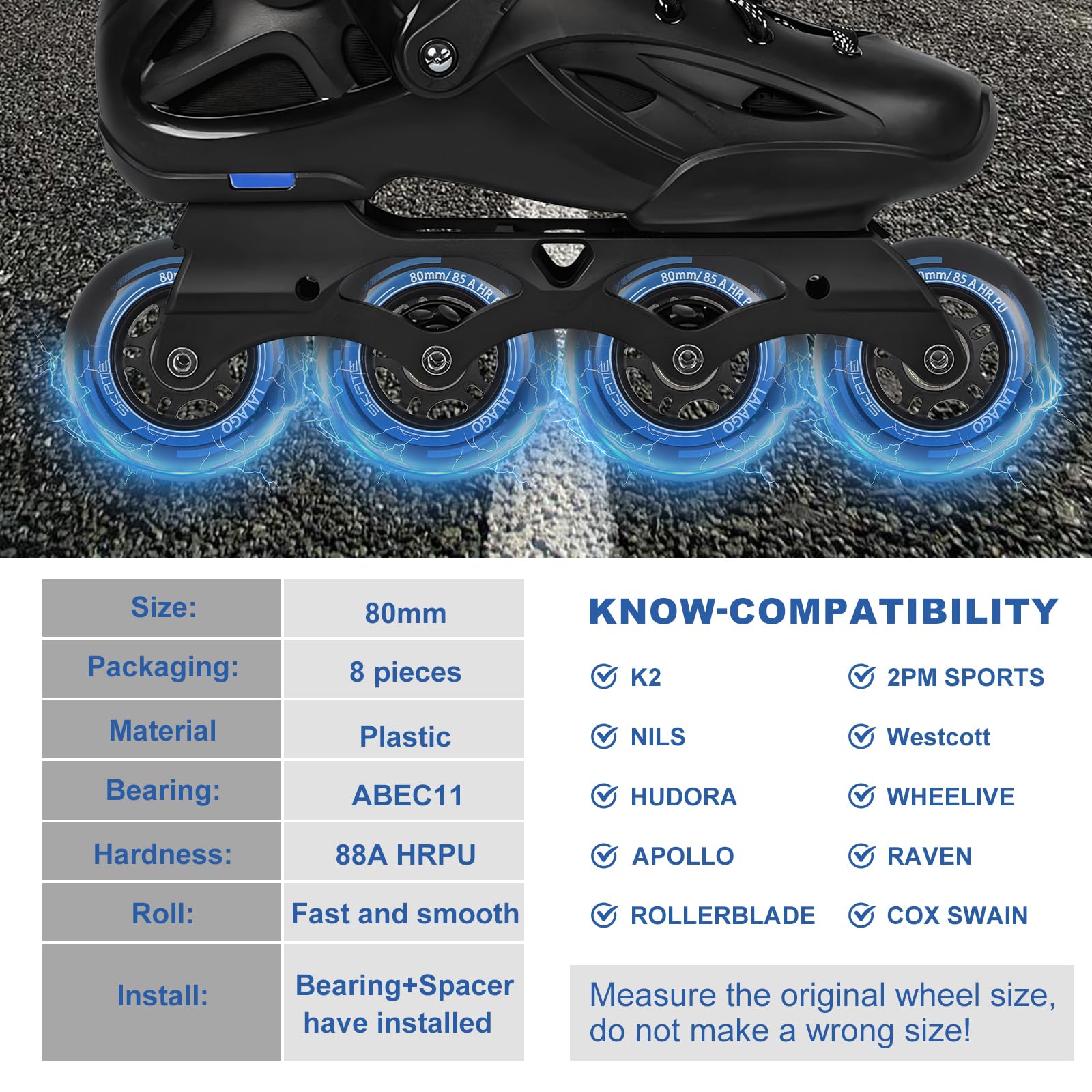 LALAGO Ruedas Patin en Linea 80mm 88A HRPU ABEC9 8 Piezas para K2 Hudora Gonex Apollo