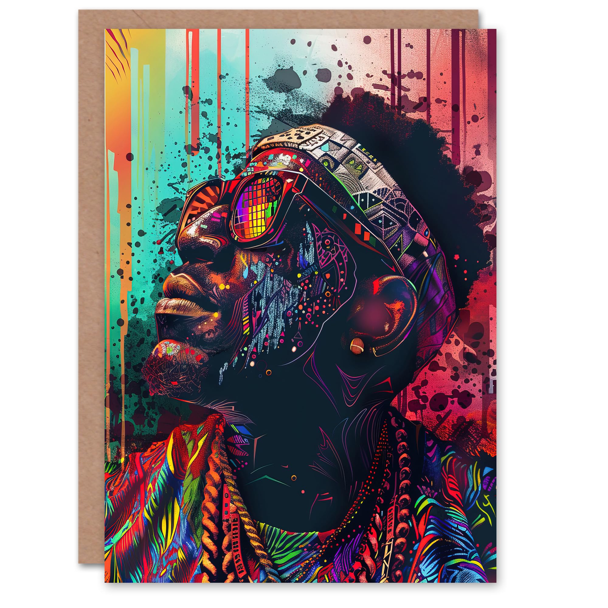 Artery8 Greeting Card Psychedelic Portrait African Man Dashiki Blank For Him Or Her Art Birthday Card
