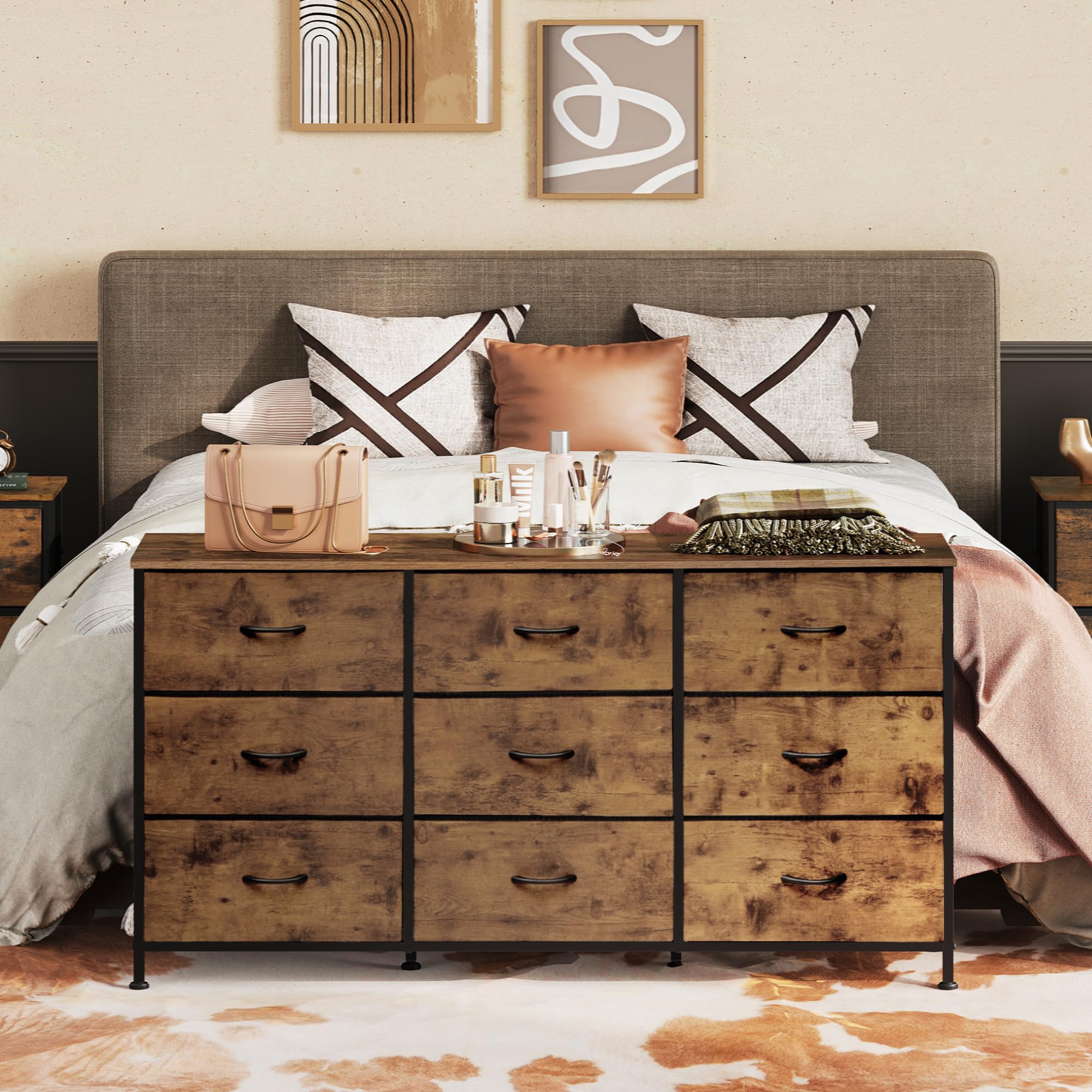 WLIVE Dresser TV Stand for 55 Inch TV, 9 Drawer Dresser, Rustic Brown