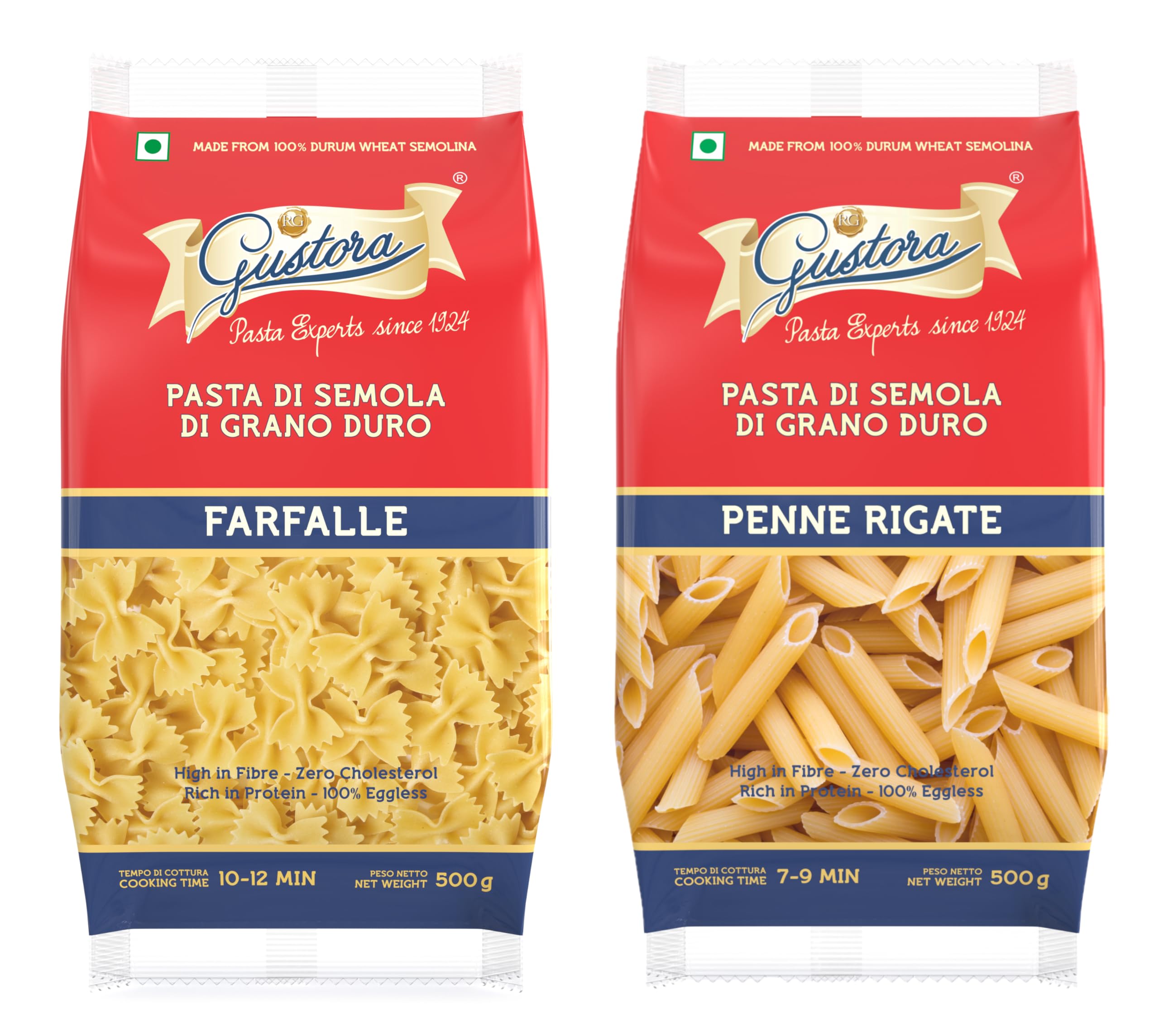 Gustora Farfalle Pasta and Penne Pasta Combo, 1KG I Made of 100% Durum Wheat Semolina I Rich in Protein & Fibre I Vegetarian I Zero Cholesterol I No Trans-fat I Cooking Time 10 Minutes - (500g X 2)
