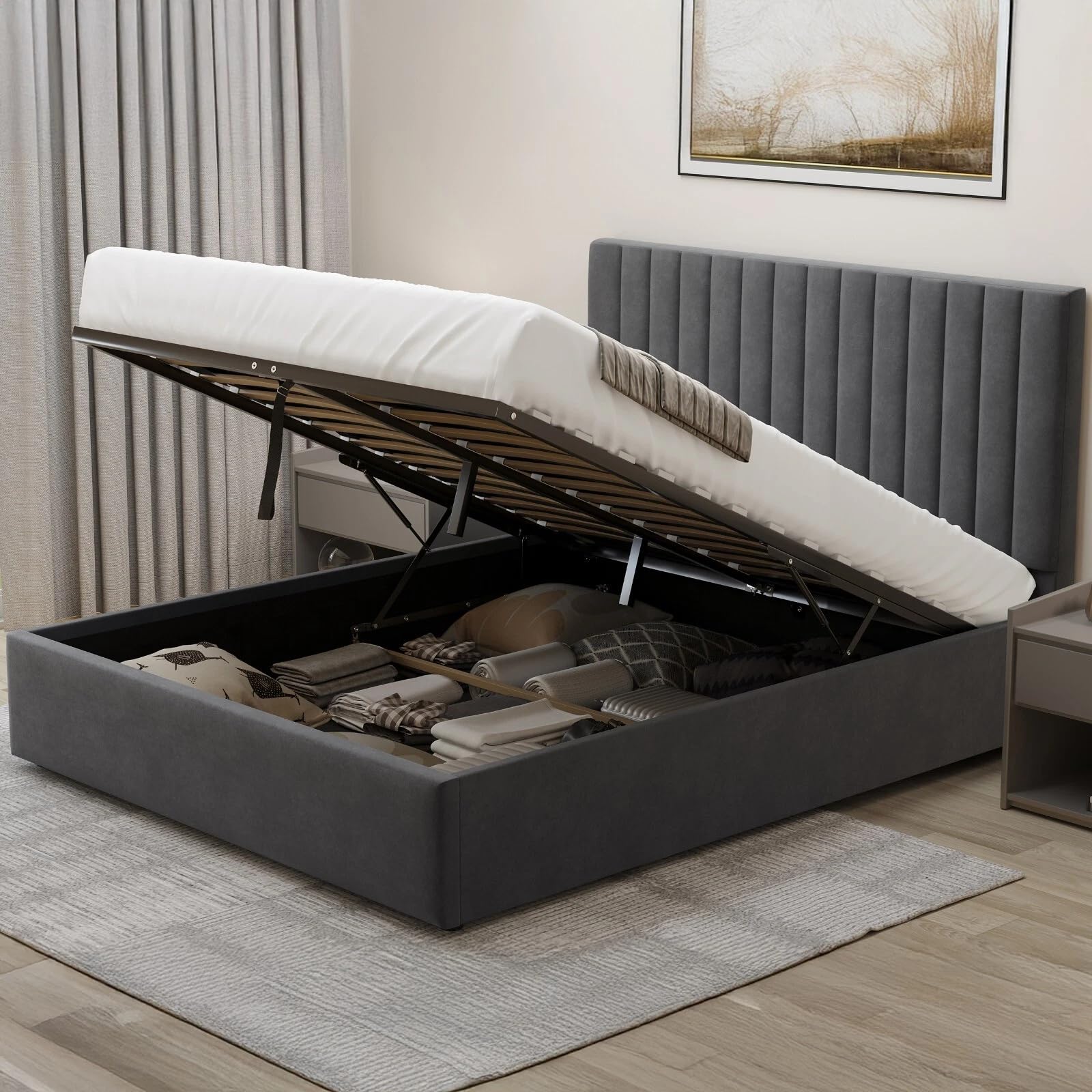 Ottoman Storage Bed with Mattress Included, Velvet Double Bed Frame, Upholstered Gas Lift Up Bed Frame with Storage, Ottoman Bed with Wooden Slats, (4ft6 Dark Grey Double)