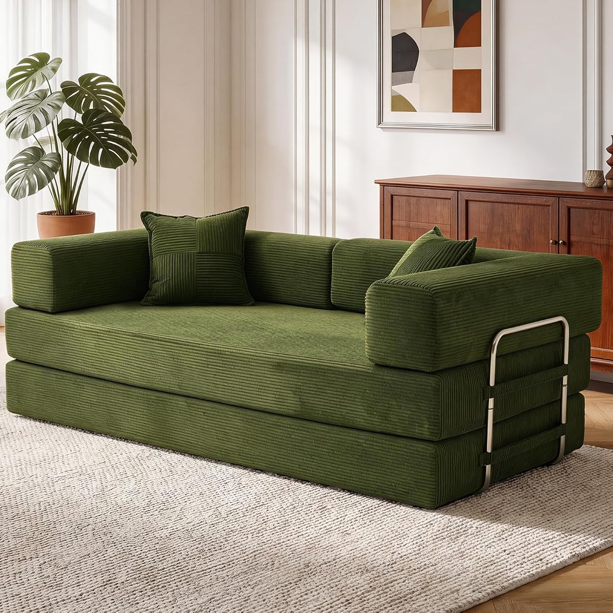 200cm Sofá Cama 3 Plazas con Espuma y Muelles para Salón,Verde | Desmontable,Plegable 5 en 1,Pana