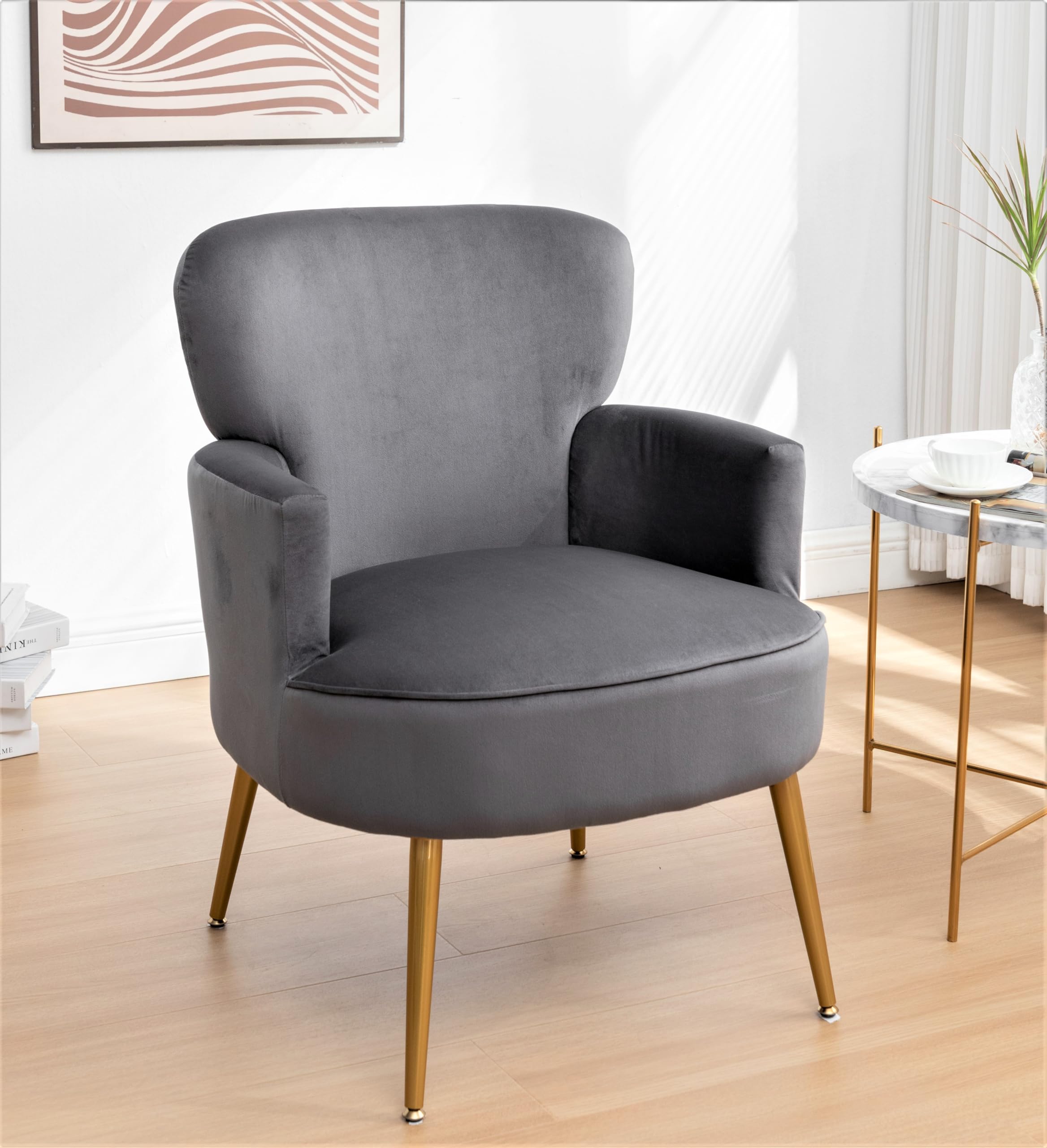 Container Furniture Direct Trendy Velvet Accent Chair with Gold Metal Legs, Upholstered Armchair for Small to Mid-Size Spaces, Modern Living Room, Bedroom, Vanity Desk and Entryway, Medium, Grey