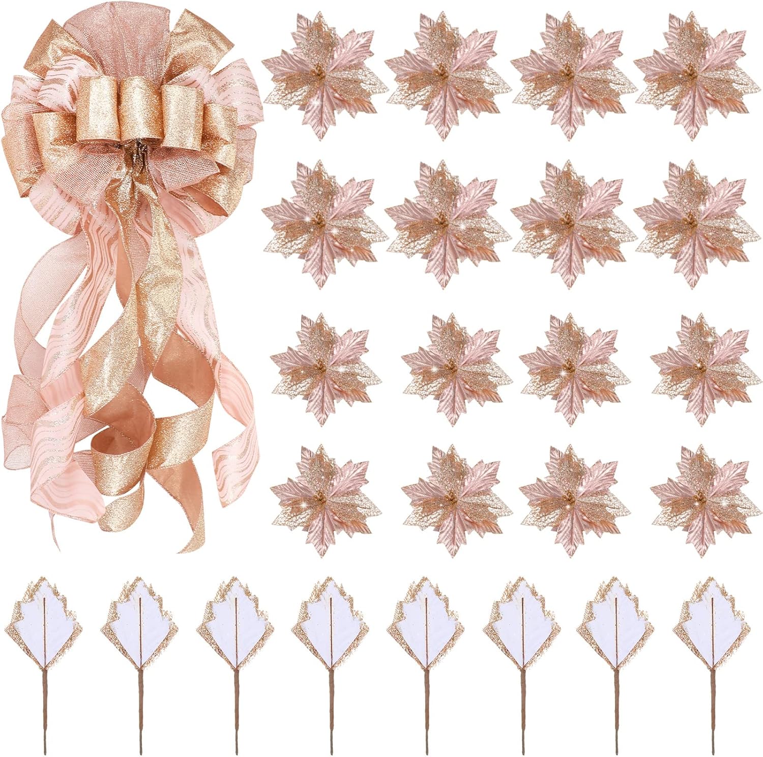 Syhood Christmas Tree Topper Decorations 34x12 Inch Large Christmas Bows Tree Ornaments and 24 Pcs Christmas Tree Flowers for Christmas Holiday Party Decorative(Rose Gold)