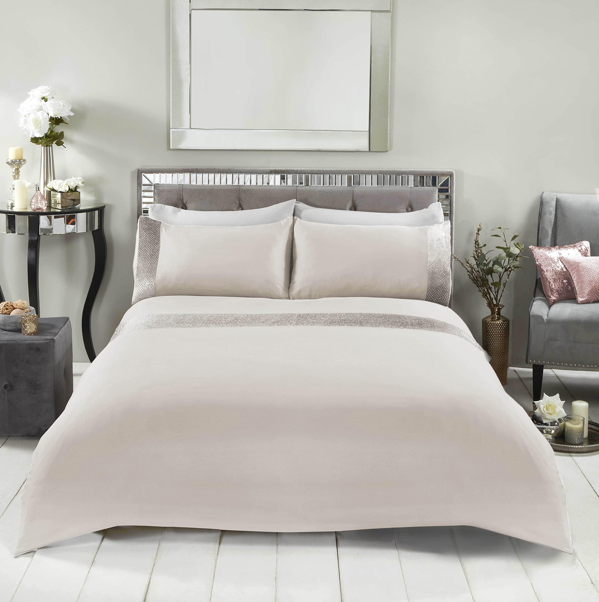 Sienna Glitter Duvet Cover with Pillow Case Sparkle Glitz Velvet Bedding Set - Natural Gold Cream, Double
