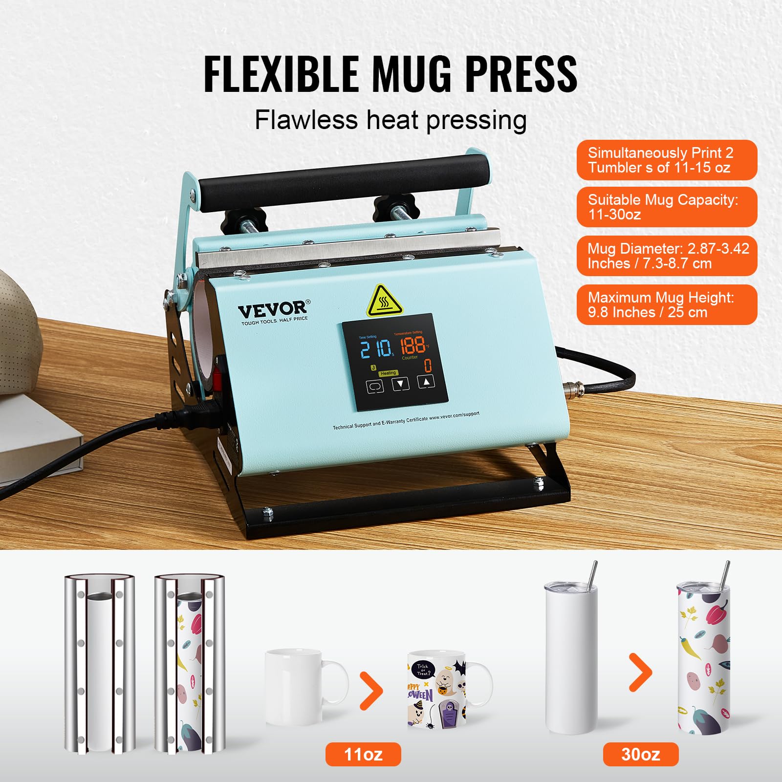 VEVOR 2 en 1 Máquina de Prensado Térmico para Vasos y Gorras Mini Prensa Térmica para Sombreros Prensa Térmica para Vasos y Tazas de Sublimación de 11-30 oz, Control de Temperatura y Tiempo, Verde