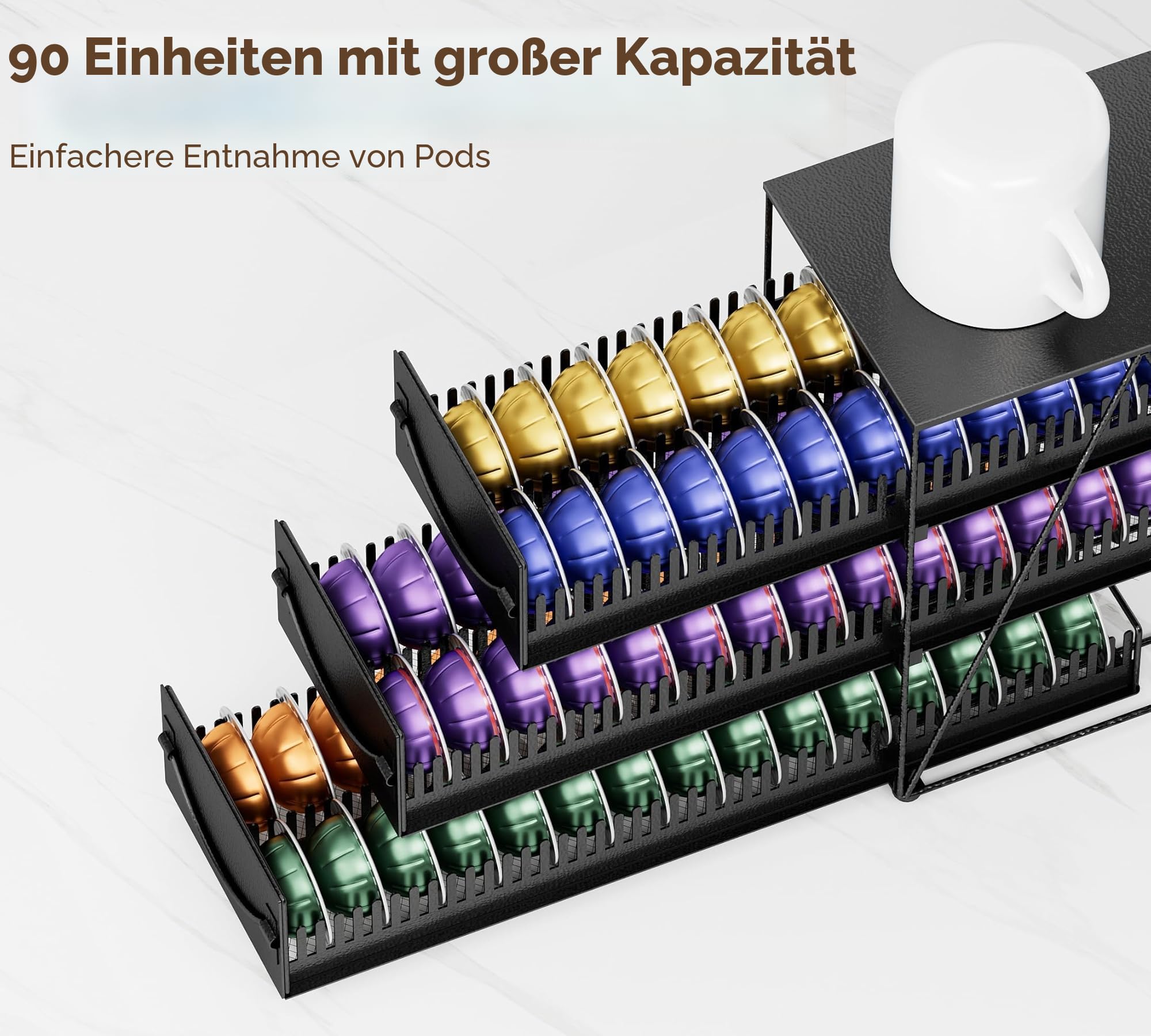 Vertuo Kapselhalter für 90 Nespresso Kapseln, Rutschfester Geräuschloser Kapselspender für 42-90 Nespresso Vertuo Kapseln & 45 Dolce Gusto Kapseln, Metall Kaffeekapseln Schublade