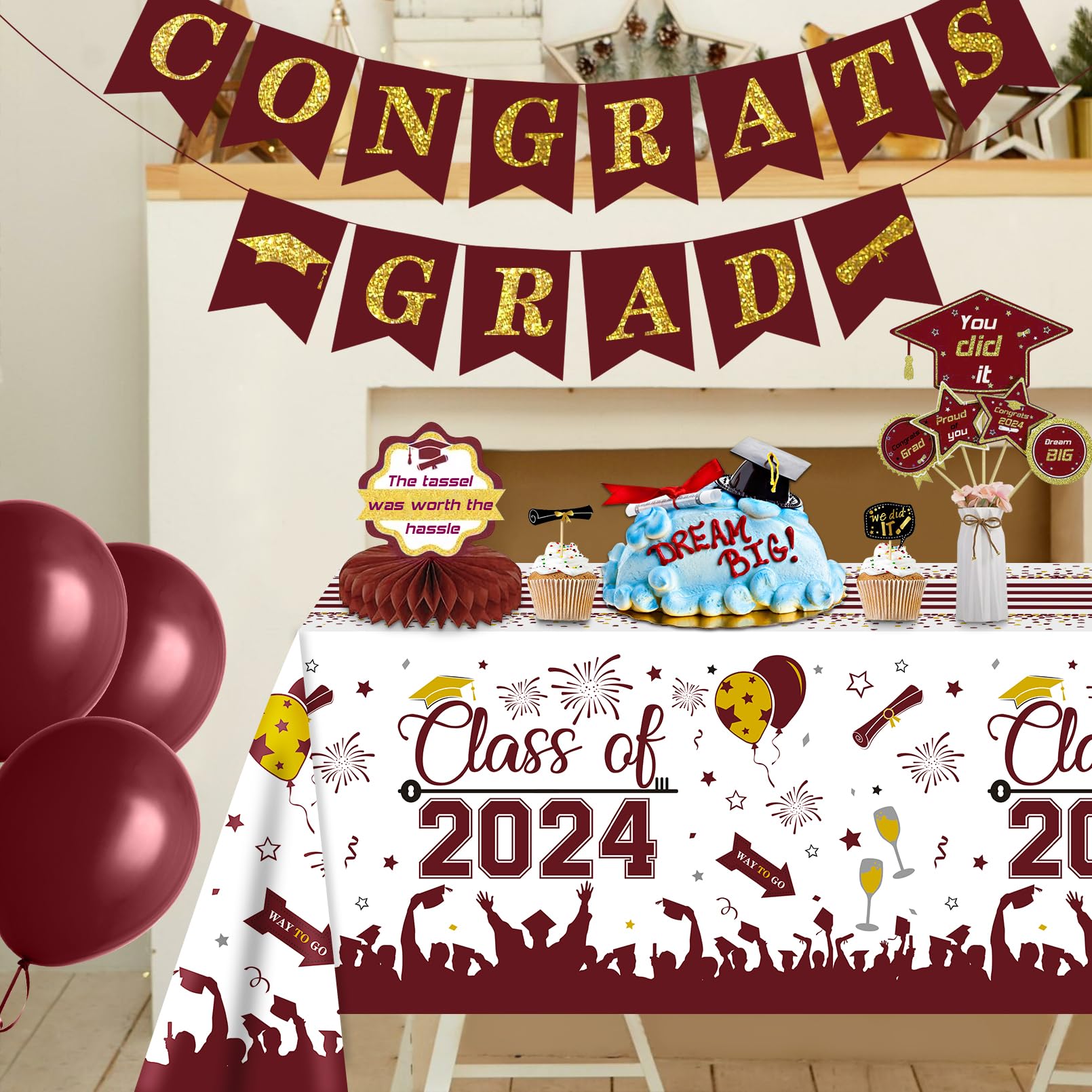 DUAIAI 3-Pack Graduation Tablecloths 2024 - 54x108 Inch Plastic Table Covers, Congrats Grad Decor