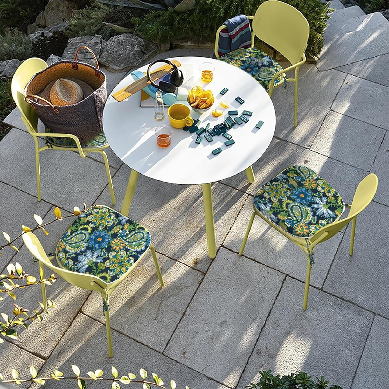 LVTXIII Outdoor Seat Cushions Patio Chair Pads with Ties, All Weather Chair Cushions for Home Office and Patio Garden Furniture Decoration D16”xW17”, Set of 4, Flower Child
