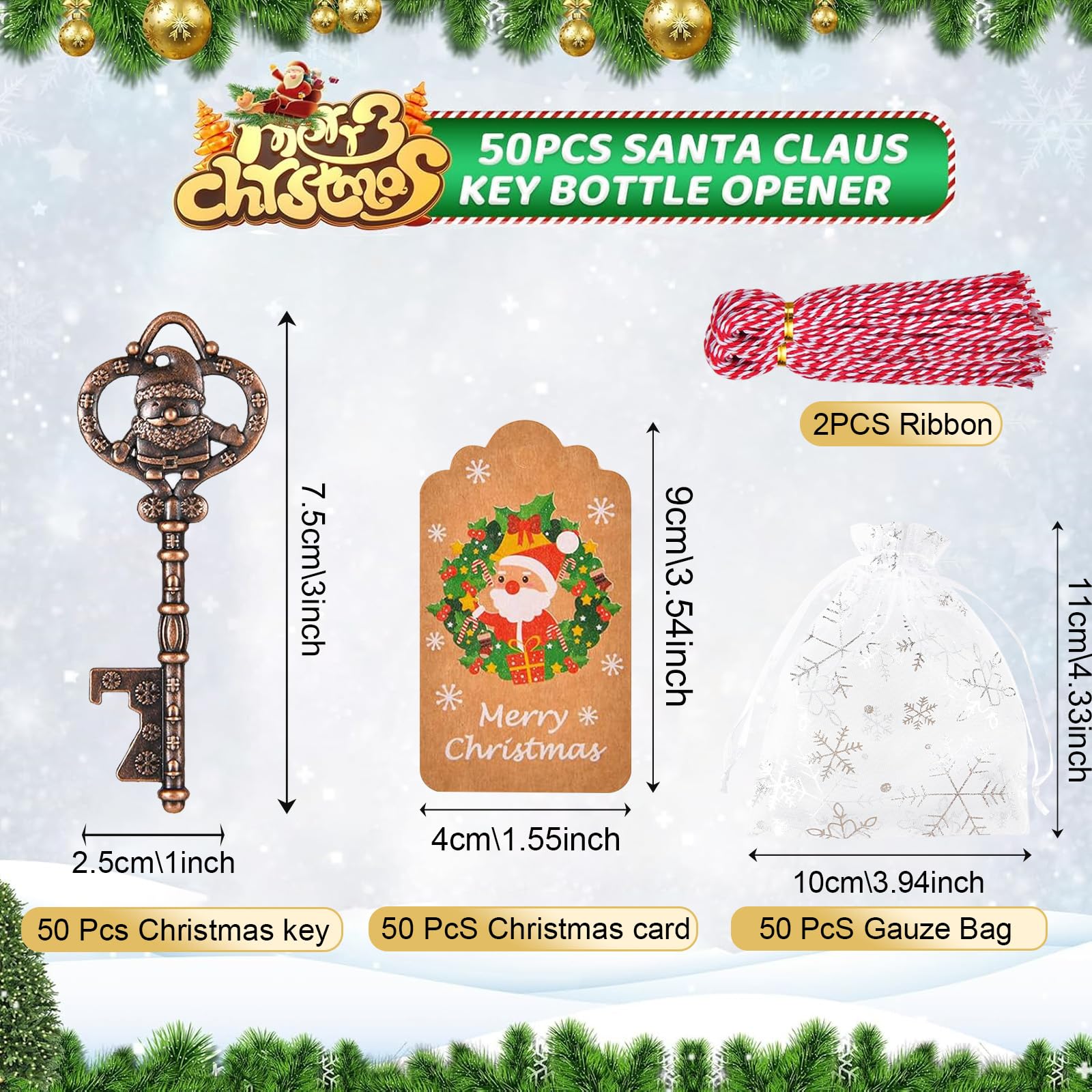 Set di 50 apribottiglie a forma di chiave per eventi a tema Babbo Natale, ideali per bomboniere, souvenir e regali per gli ospiti. Ogni apribottiglie è confezionato singolarmente