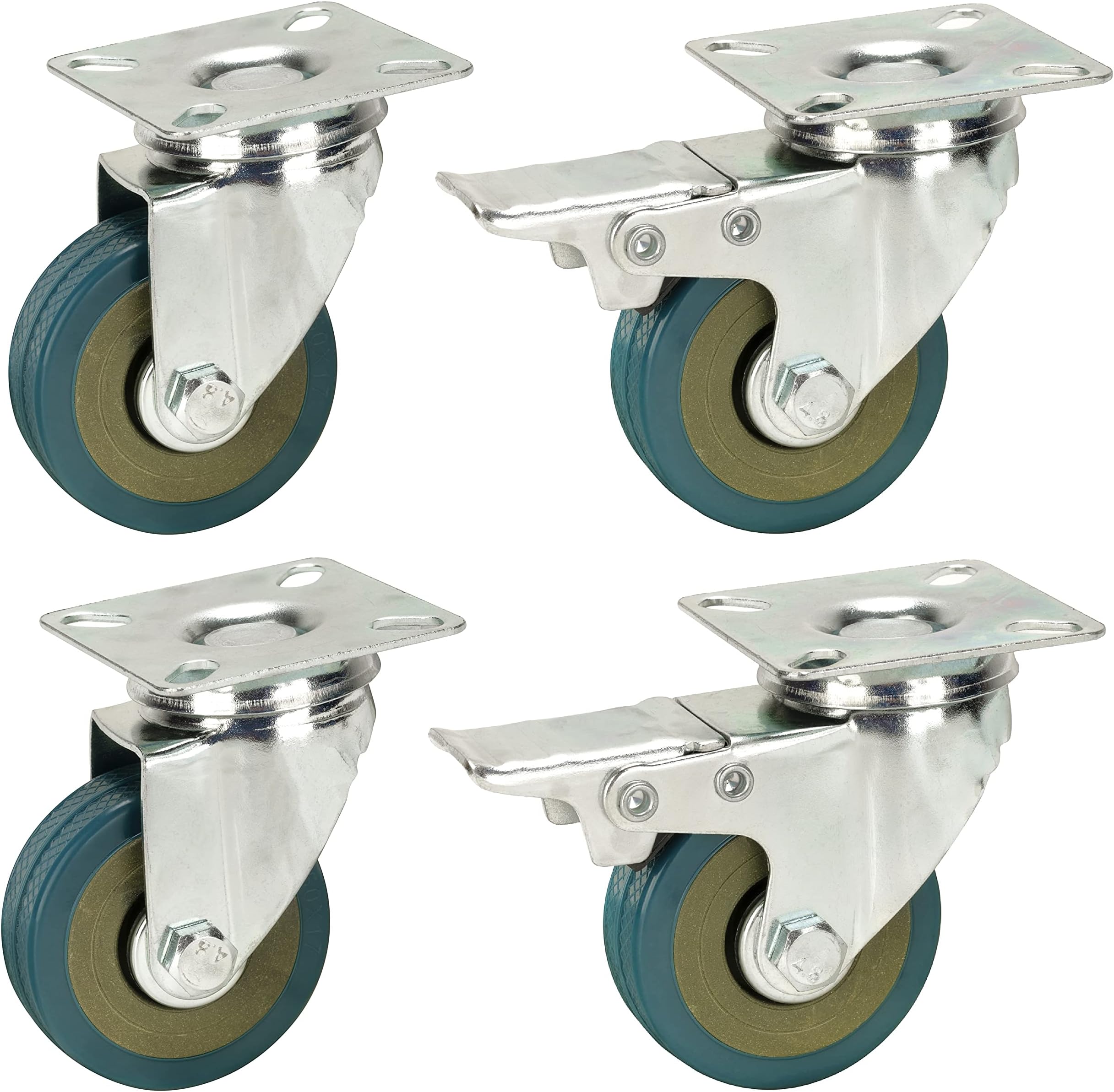 50mm Non Marking Grey Hard Rubber Castors with Brakes - Top Plate Fitting - Heavy Duty Casters Wheels by Bulldog Castors - Max 100Kg Per Set
