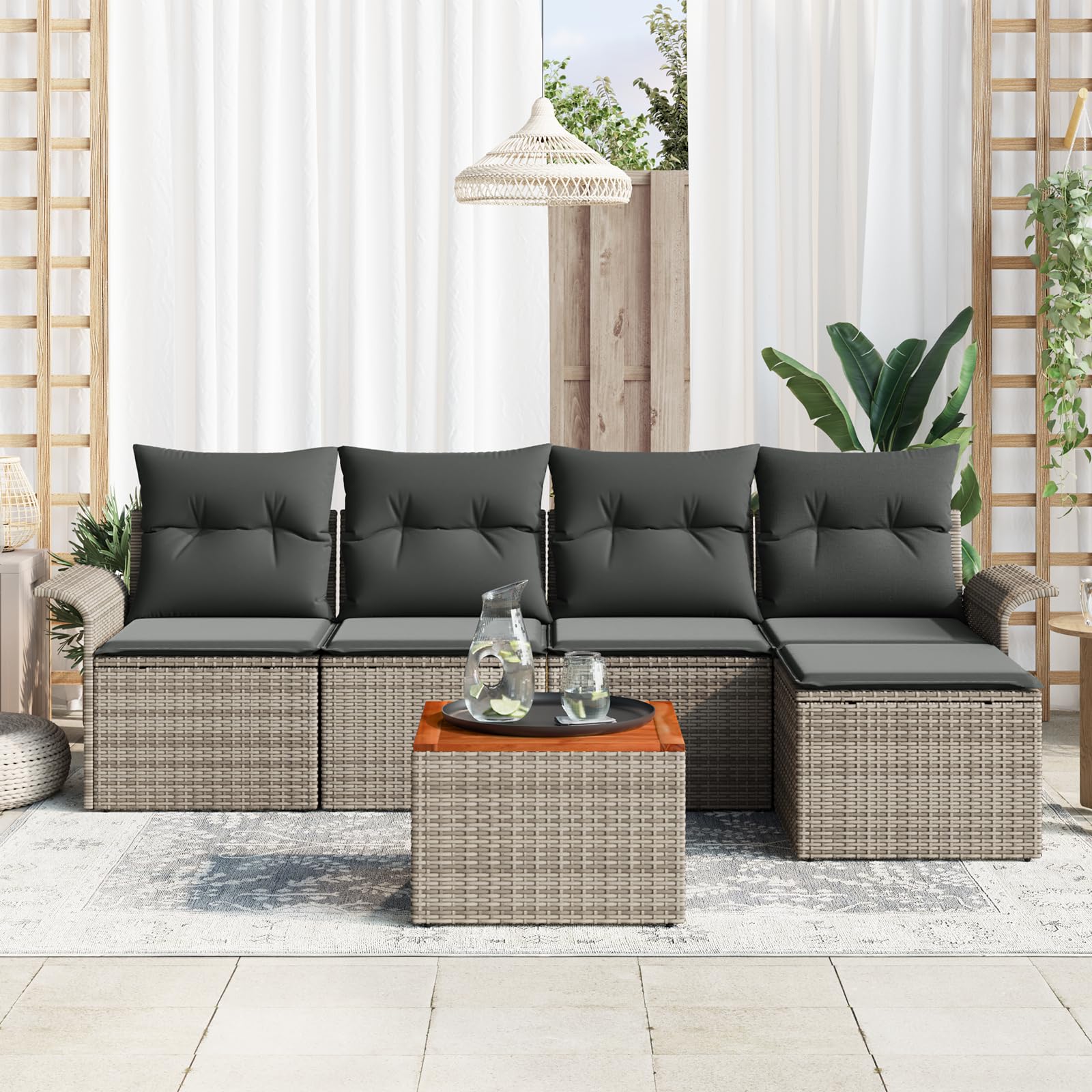 Juego de 6 sofás de jardín con cojín gris ratán acacia muebles de exterior acogedor sofá de jardín modular sofá de jardín