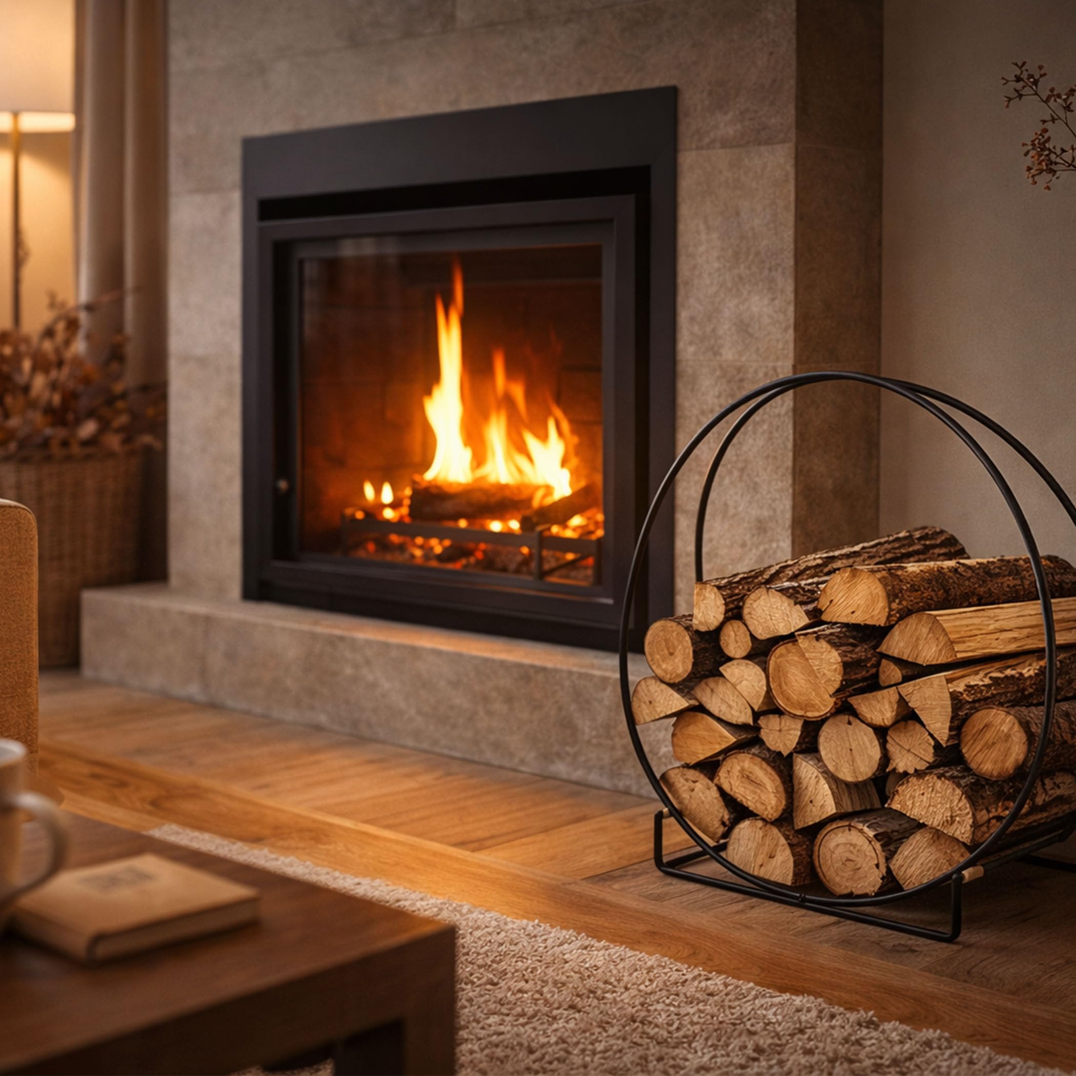 Moritz Kaminholzregal rund 51 cm Metall schwarz Brennholz innen modern | Feuerholzregal und Kaminholzständer in Ringform, freistehend, dekorative Holzaufbewahrung für Wohnzimmer, Kamin und Ofen