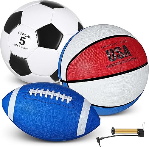 Sratte Juego deportivo de 3 pelotas deportivas que incluye tamaño oficial de fútbol, baloncesto, fútbol con bomba y bolsa de transporte para Marrón,