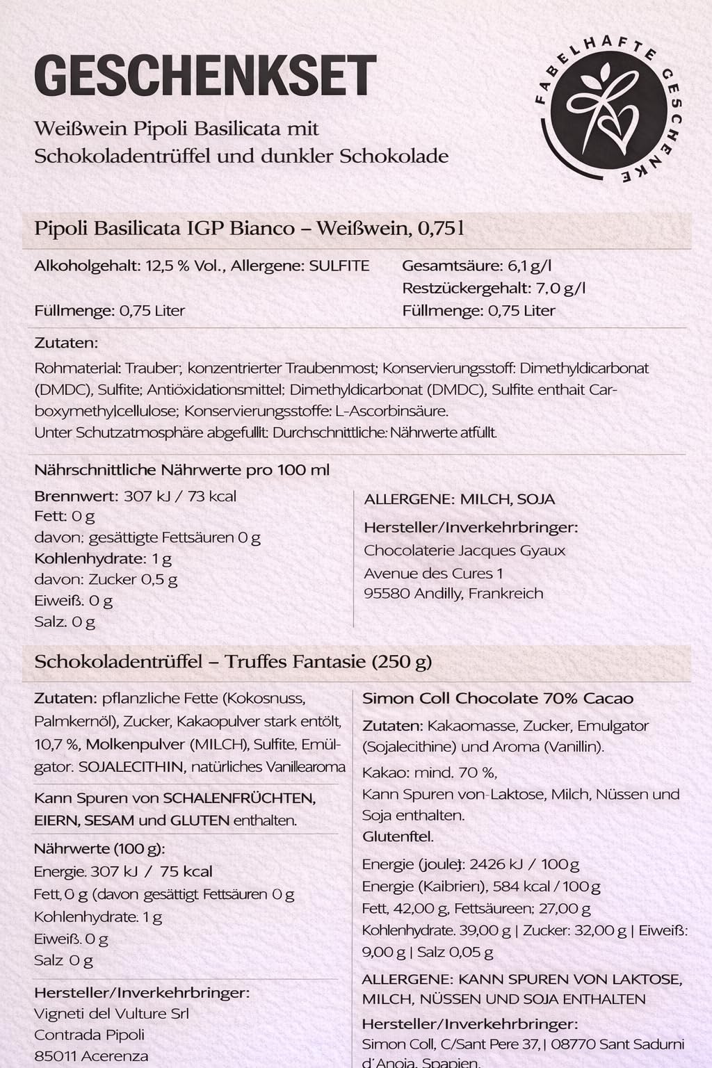 Geschenkset 2 x Weißwein aus Italien (Bianco di Verona Barone Pelletti IGT) mit Schokoladentrüffeln und dunkler Schokolade