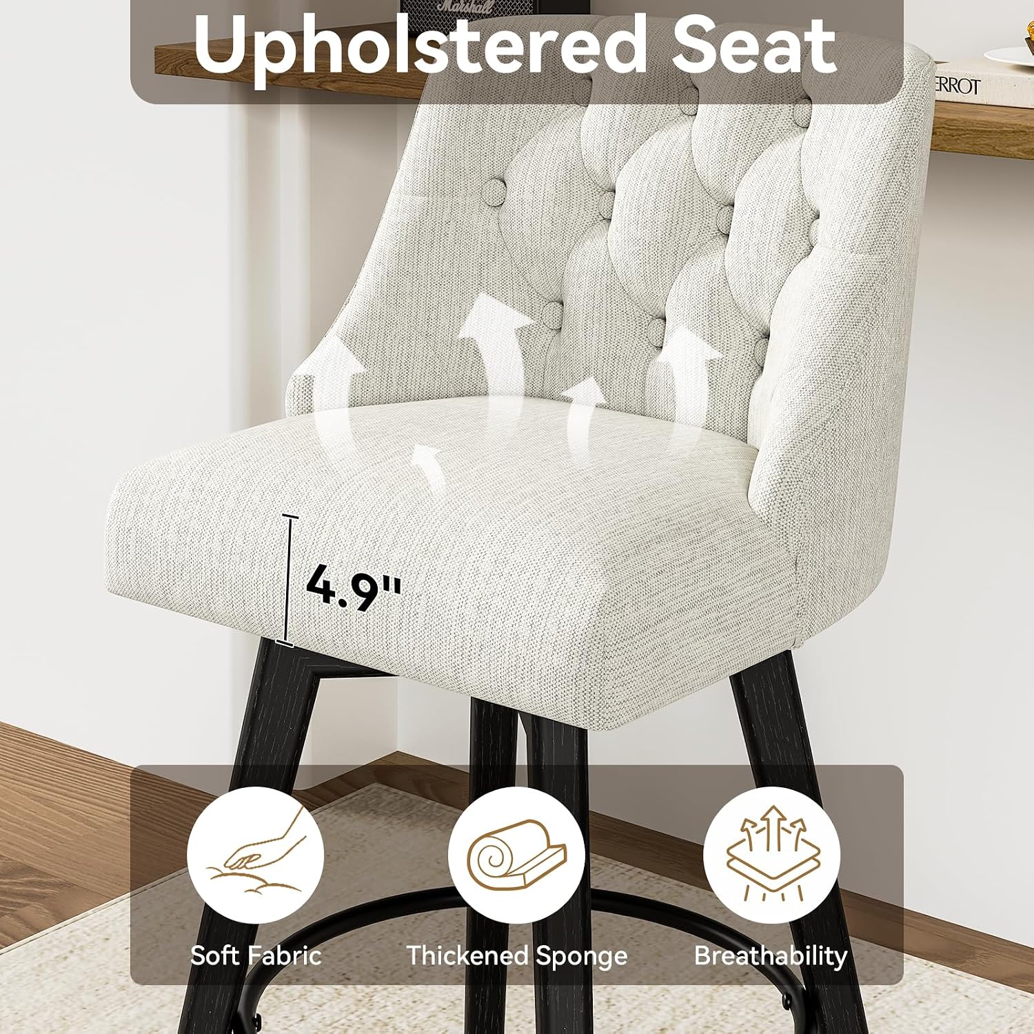 Hcore Swivel Counter Height Bar Stools Set of 2, Modern Counter Stools with Upholstered Backrest and Footrest, Linen Fabric Barstools for Kitchen Island,Restaurant,Pub, 26’’H White
