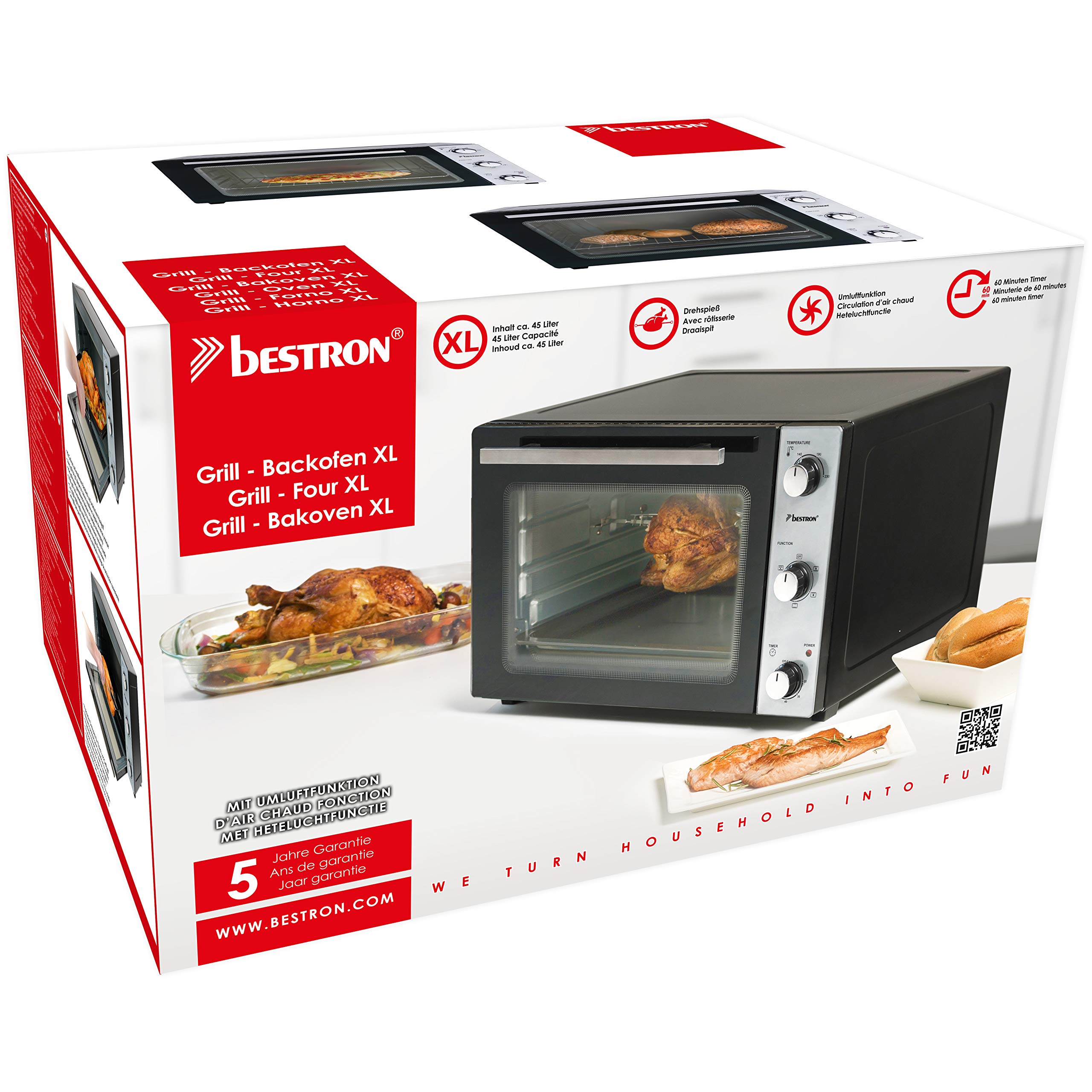 Bestron Mini Horno 2 en 1 con Pincho Giratorio, 45 Litros, 1800 W, Acero inoxidable, Negro