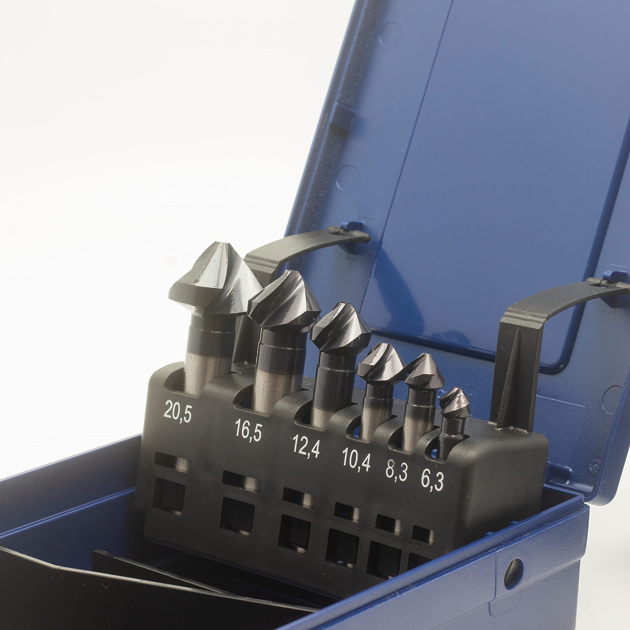 Set di 6 svasatori conici, HSS-E Co5, divisi in modo non uniforme, spiralizzati, rivestiti in AlTiN 6,3 mm - 20,5 mm, angolo di 90°