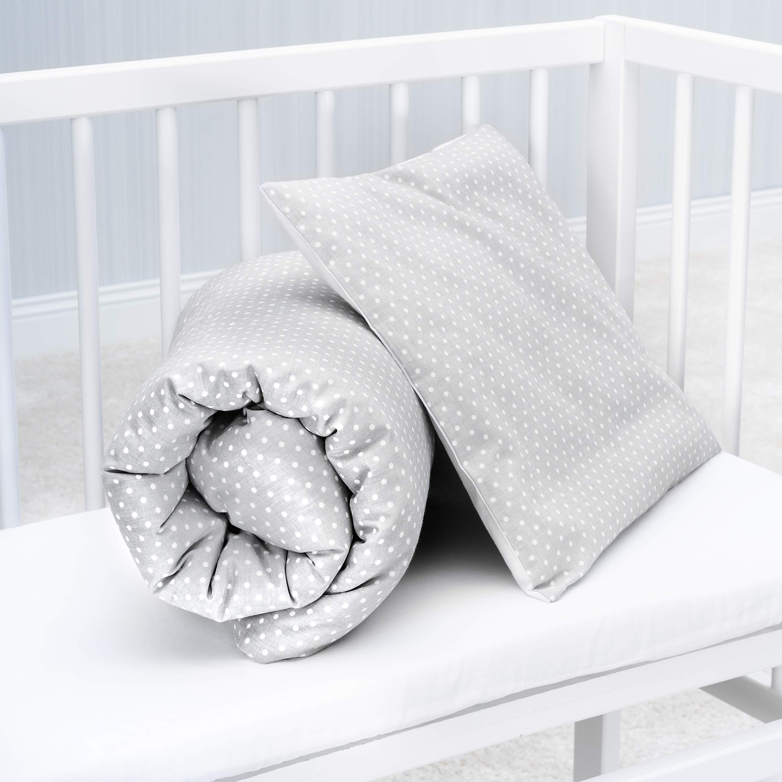 Fillikid Juego de Funda Nórdica 80x80 cm y Almohada 35x40 cm para Minicunas y Moisés - Set de Nórdico para Recién Nacidos 100% Algodón - Ropa de Cama para Bebés - Topos Gris/Blanco