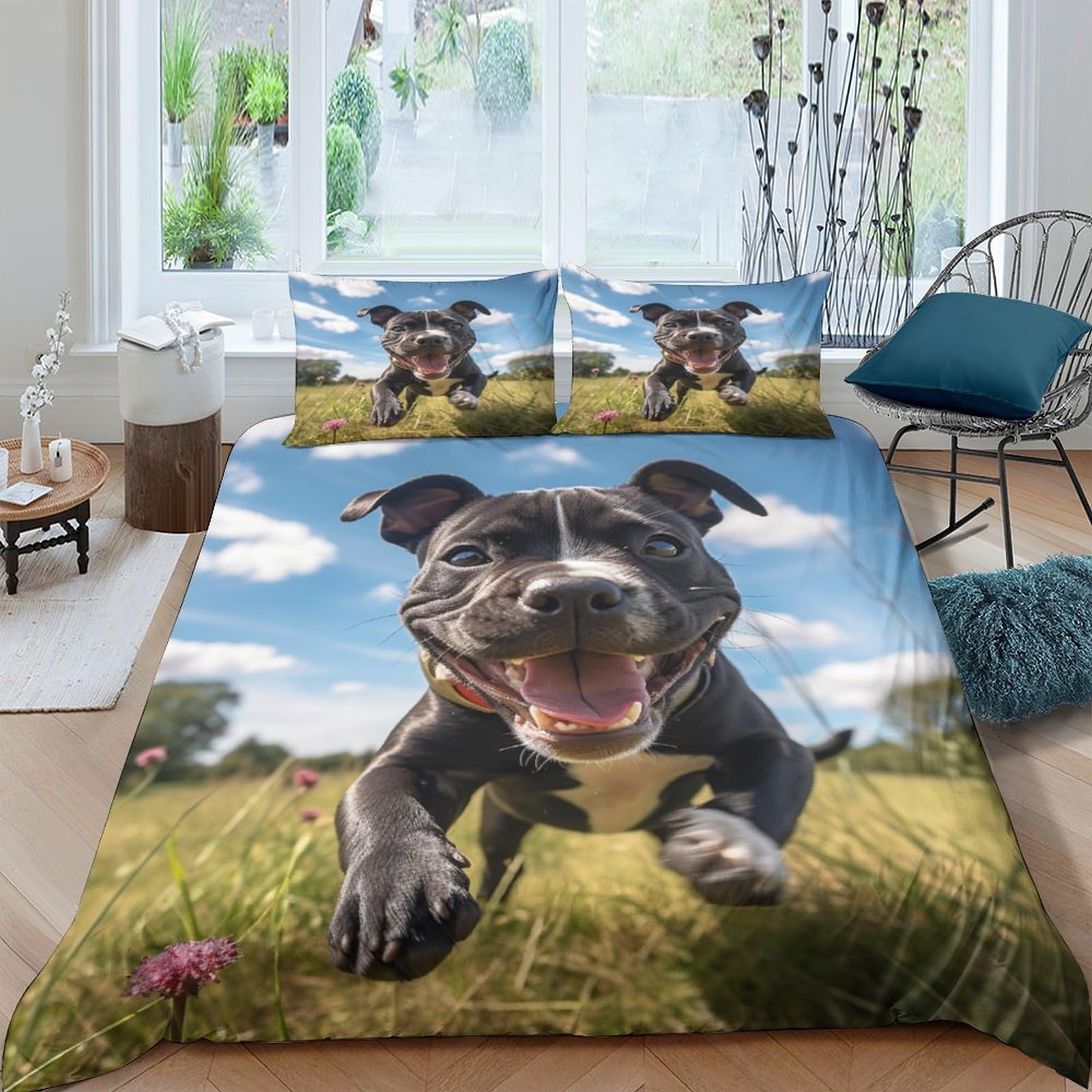AAHARYA Staffordshire Bull Terrier 3 Pieces Duvet Cover Set 3D Printed Bedding Cute Puppy Quilt Duvet Cover with Zipper Closure,Ultra Soft Microfiber Bedding King（220x240cm）