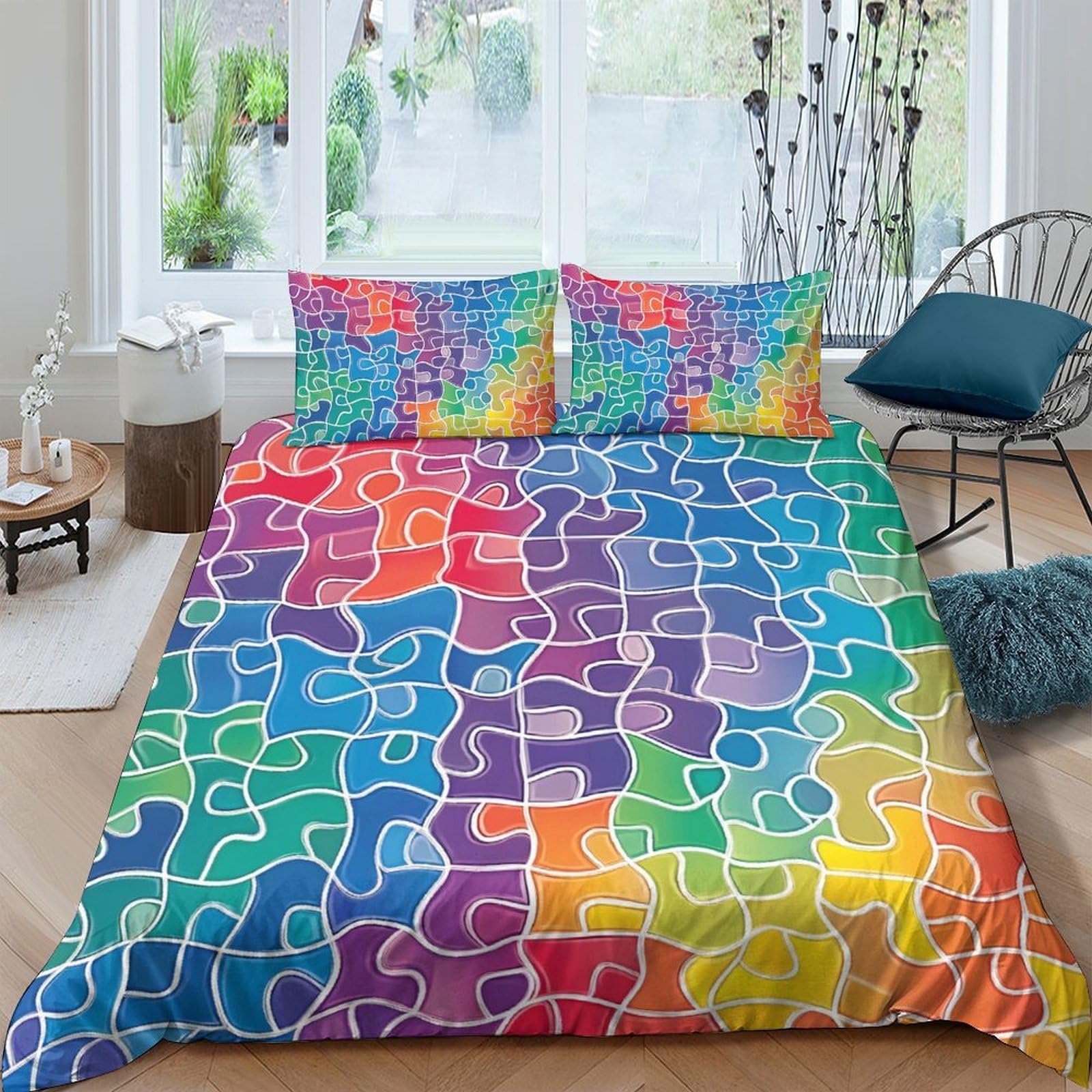 Ctjqhvkz Style-5 3D Printed Colorful Abstract Pattern Fitted Sheet Microfiber Soft Rainbow Mosaic Bed Cover For Bedroom Guest Room Mattress Protection Single（135X200cm）