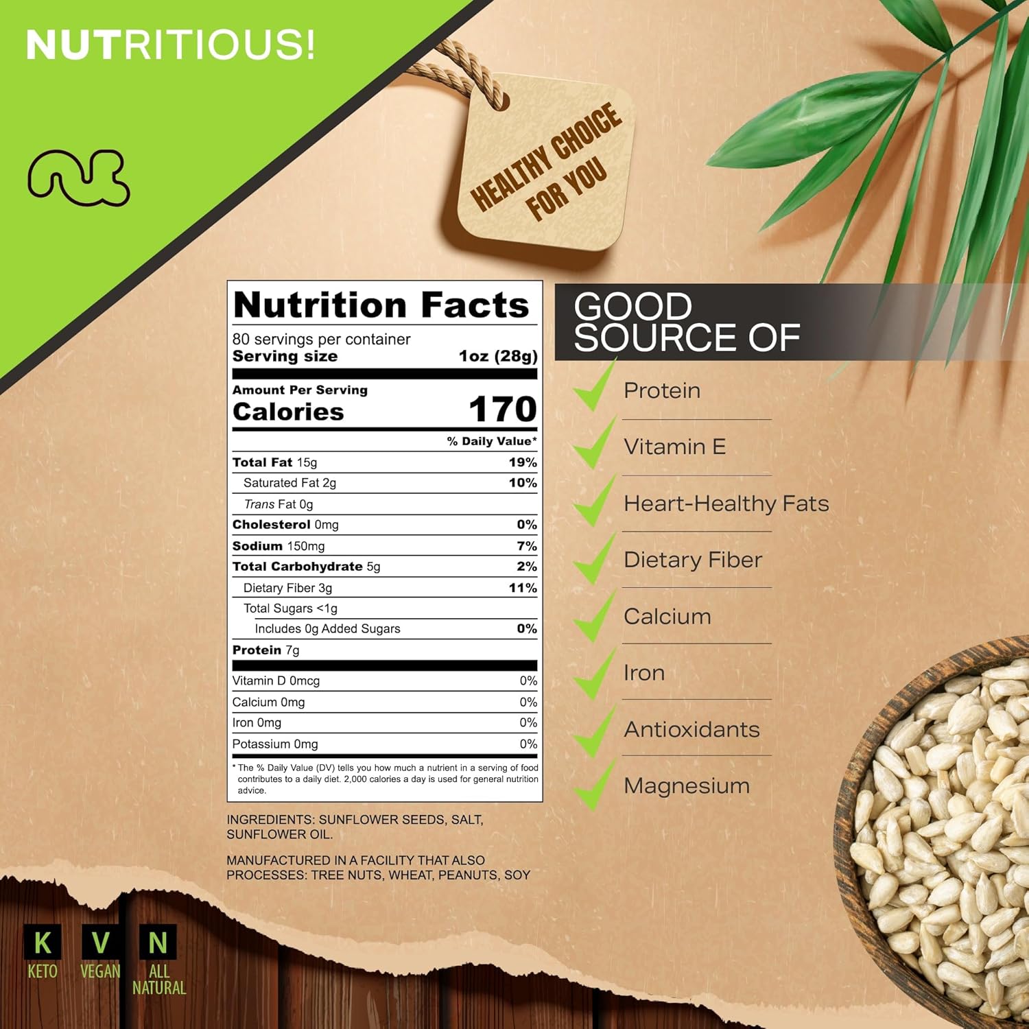 NUT CRAVINGS - Roasted Salted Sunflower Seeds Kernels to eat, No Shell Hulled (80oz - 5 LB) Bulk Nuts Packed Fresh in Resealable Bag - Healthy Protein Food Snack, Food Assortments