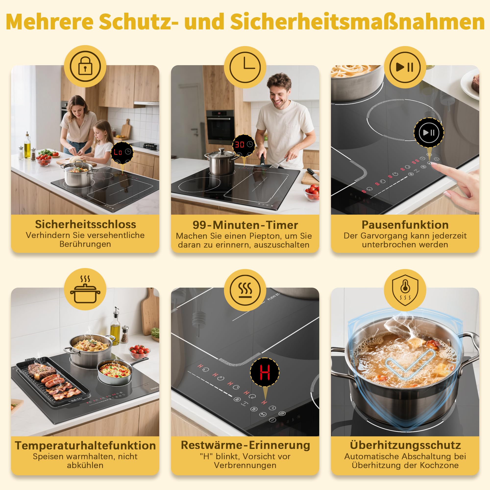 Induktionskochfeld 60 cm mit Stecker, 4 Platten Flexzonen, Boost-Funktion, 9 Leistungsstufen, Timer