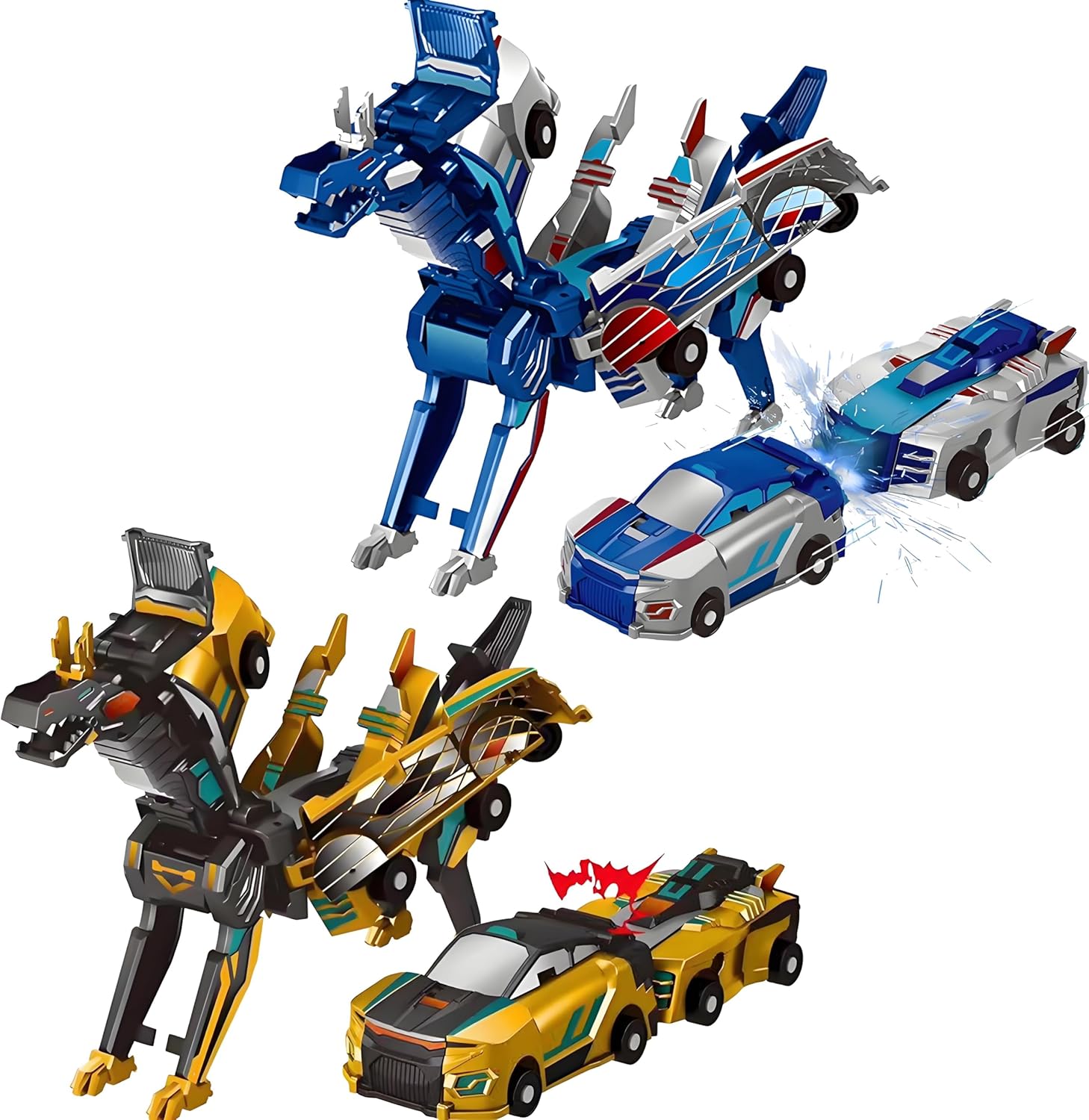 Transforming Dinosaur Toys, 2 in 1 Magnetic Cars Collision Transform into Dino Toys, for Boys Girls Toy Age 2-12, Christmas Birthday Gift (Gold Blue)