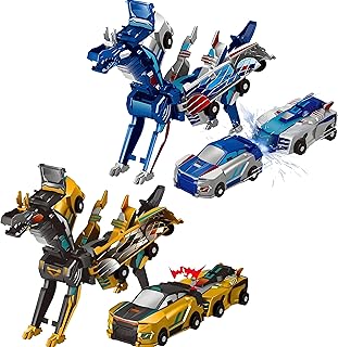 Transforming Dinosaur Toys, 2 in 1 Magnetic Cars Collision Transform into Dino Toys, for Boys Girls Toy Age 2-12, Christmas Birthday Gift (Gold Blue)