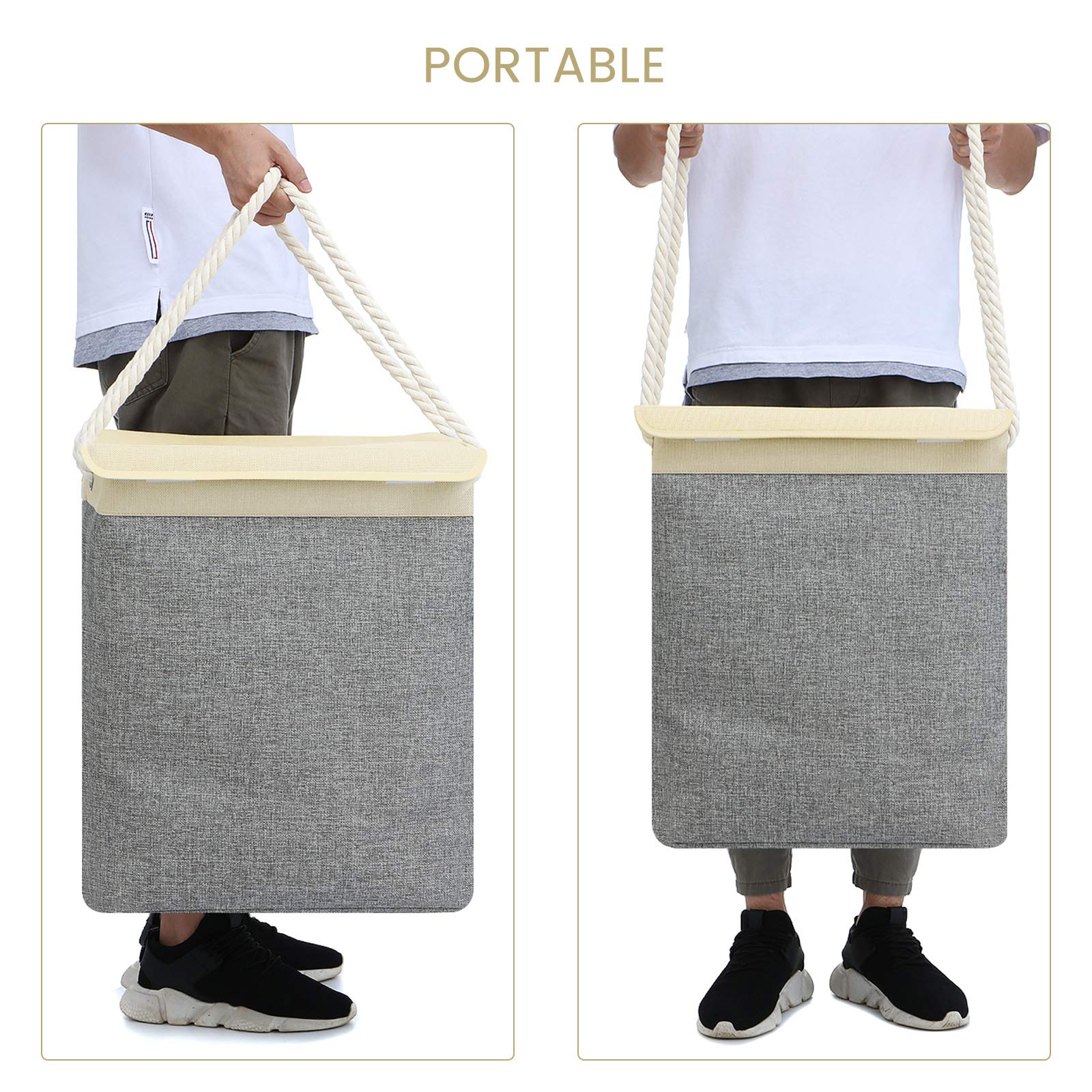 Cesto Ropa Plegable YAOMEI - Tela Lino Con Forro Impermeable, 44L, Gris, Asa De Aluminio