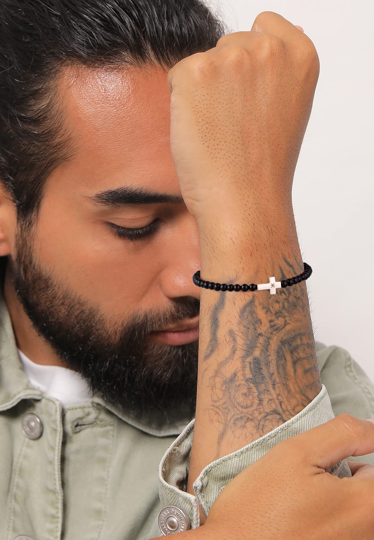 Kuzzoi Buddha Bracciale da uomo in pietra naturale, elastico in perle di onice (4 mm), bracciale con croce in argento sterling 925, da uomo, 19 cm, Pietra, Onice